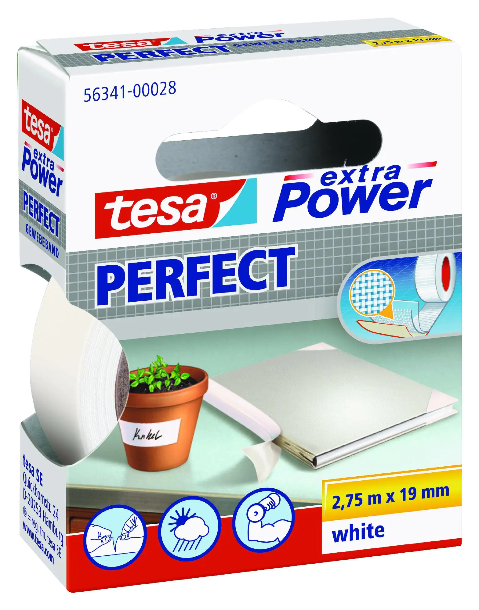 tesa extra Power Gewebeband Perfect 2,75 m x 19 mm, weiß
