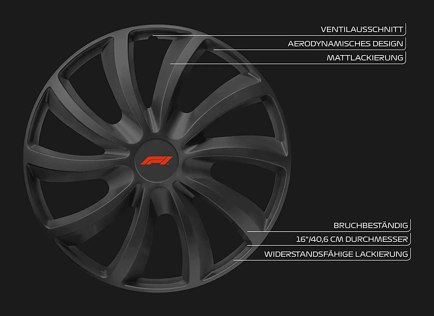 Fomula1 Radzierblenden Set WC162 40 cm (16 Zoll) schwarz 4 Stück