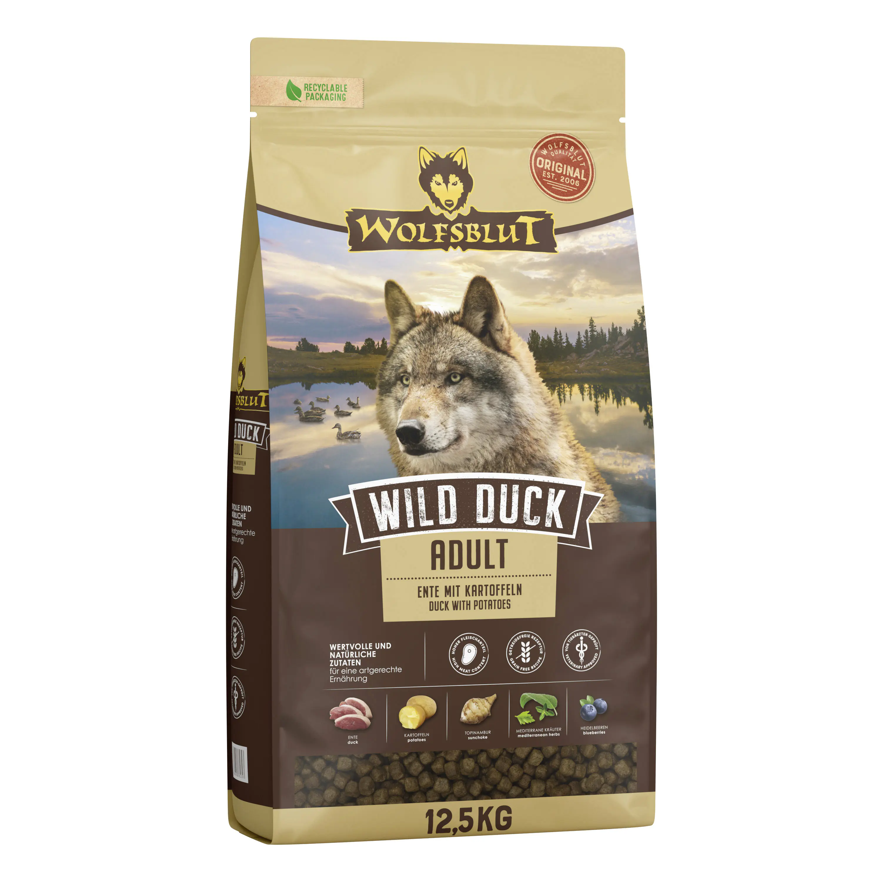 Wolfsblut Wild Duck Hundetrockenfutter Adult getreidefrei 12,5 kg Ente