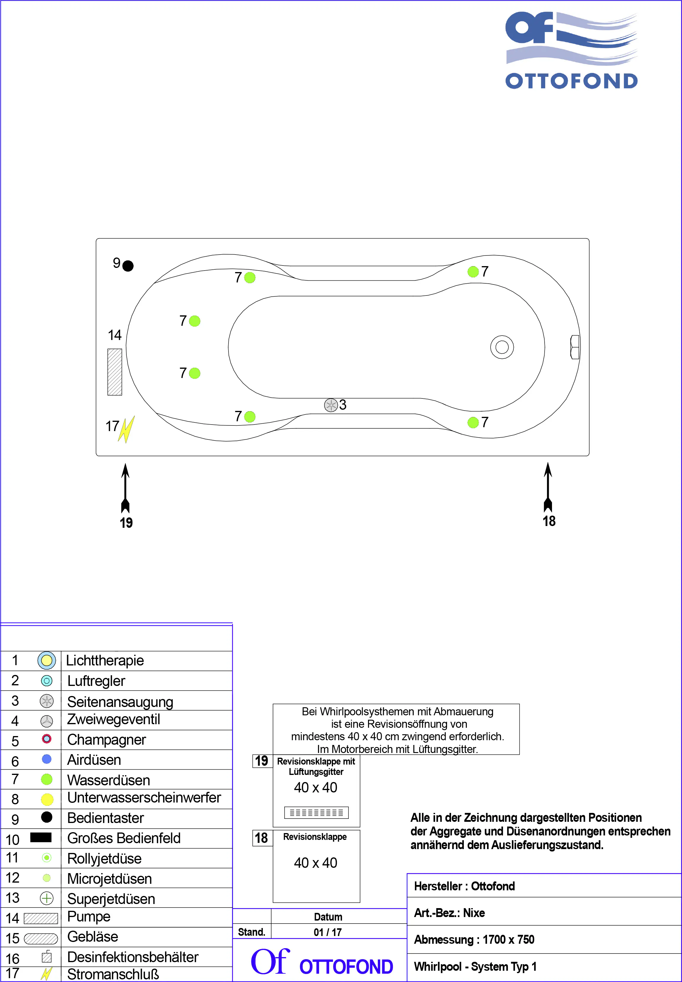 Ottofond Whirlpool-System Nerva 170 cm, Typ 1