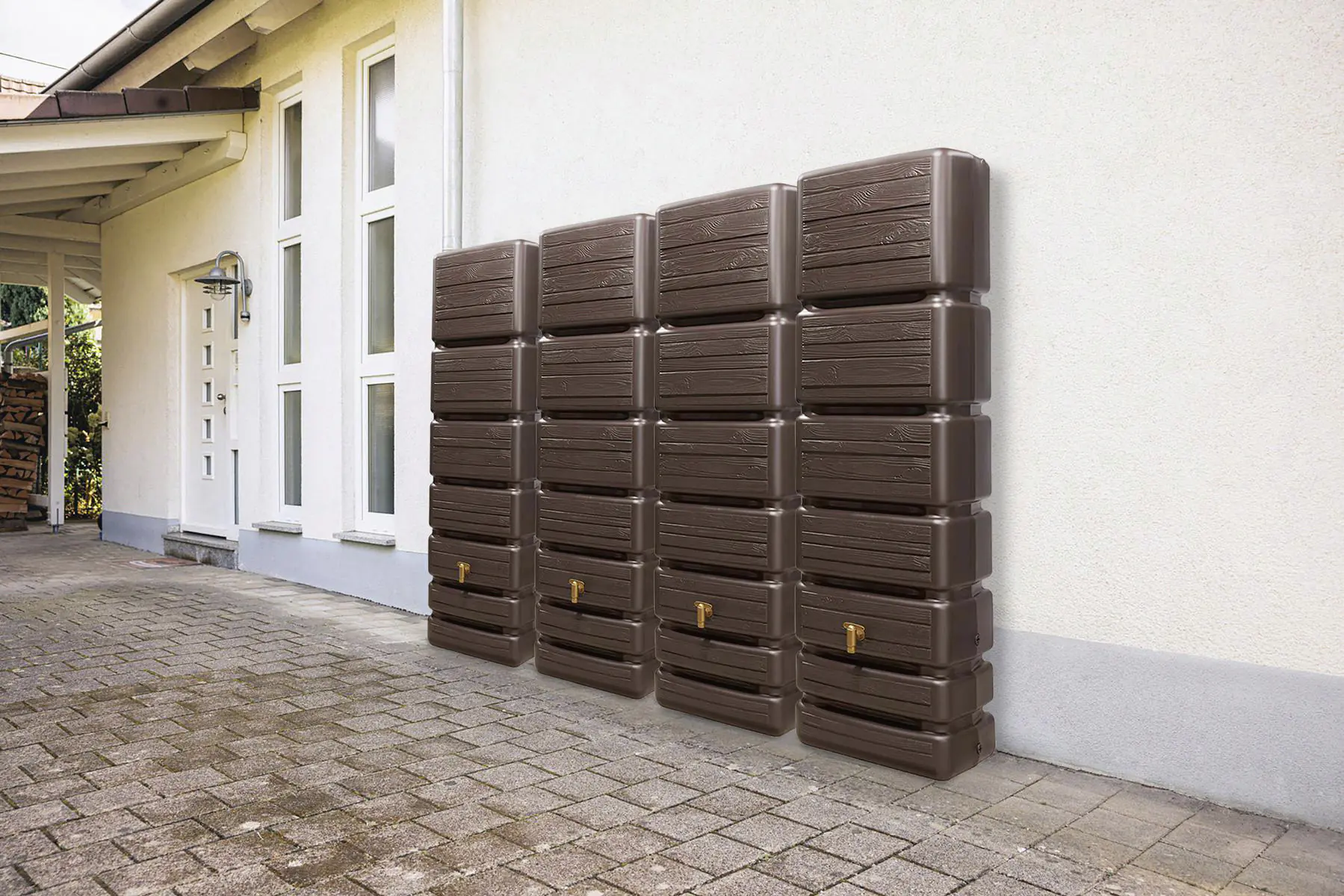 4rain Regentonne-Set Slim Wood Decor inkl. Zubehör Wandtank 1400 L darkwood 4 Stück