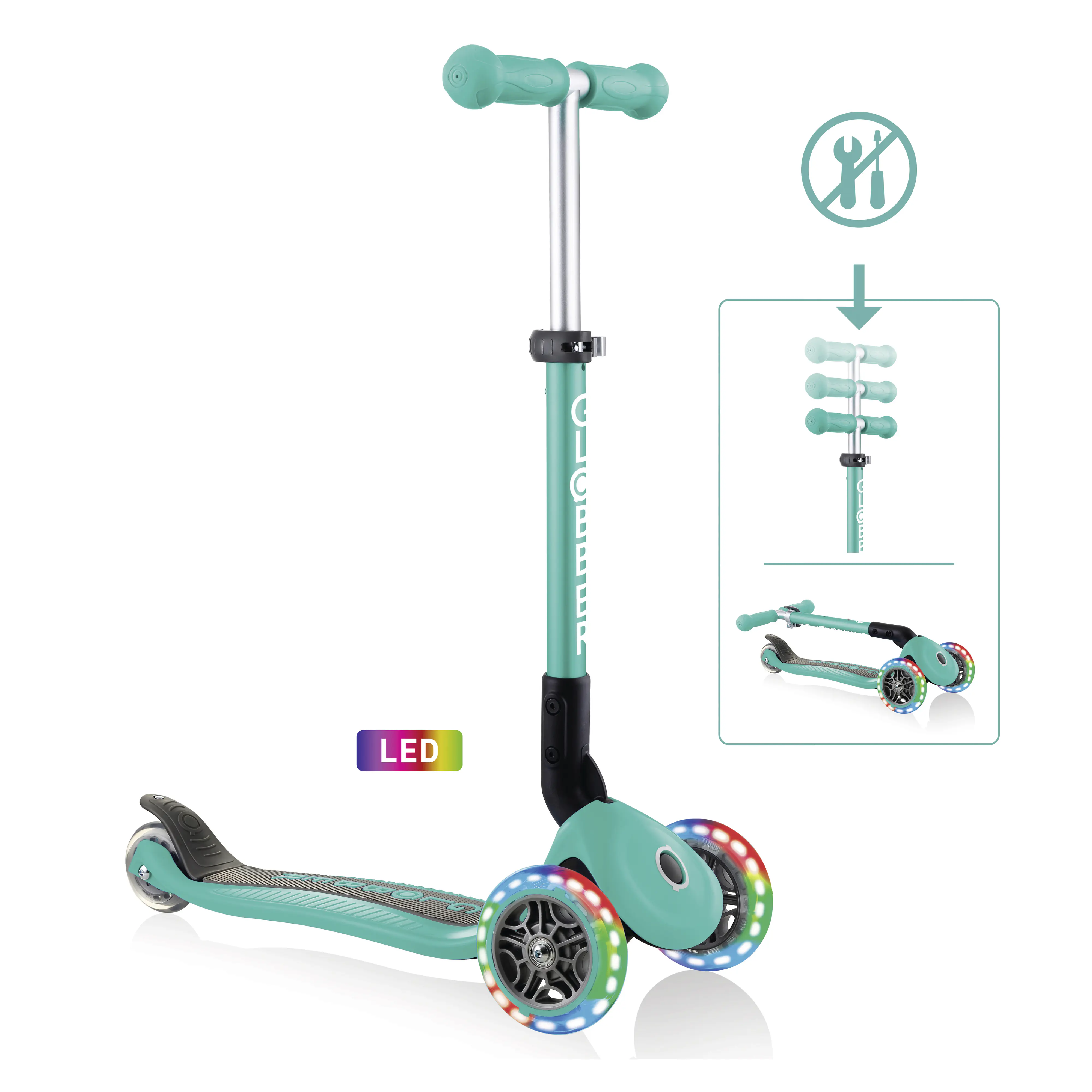 Globber Scooter Junior Foldable Lights türkis mit Leuchtrollen