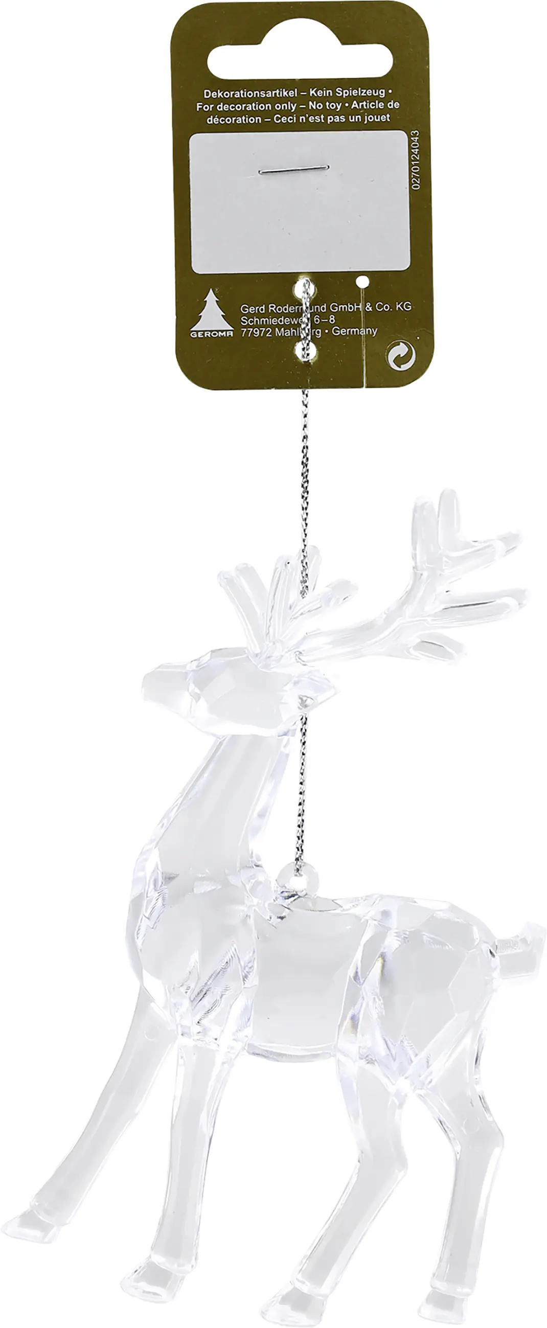 Weihnachtsanhänger Hirsch aus Acryl 14 cm transparent 1 Stück