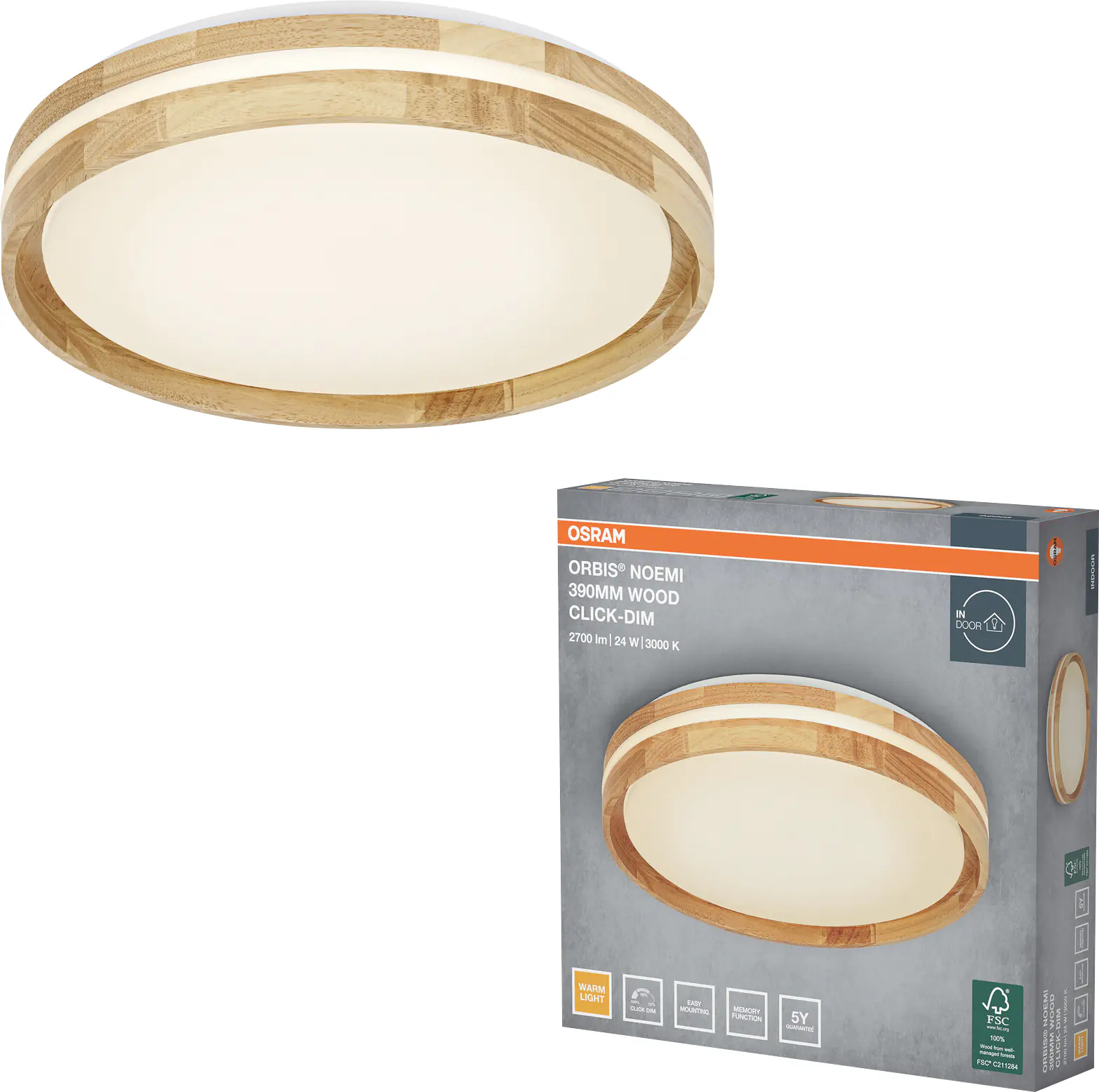 Osram LED-Deckenleuchte Orbis Noemi Wood Ø 38 cm24 W Holzdekor dimmbar warmweiß