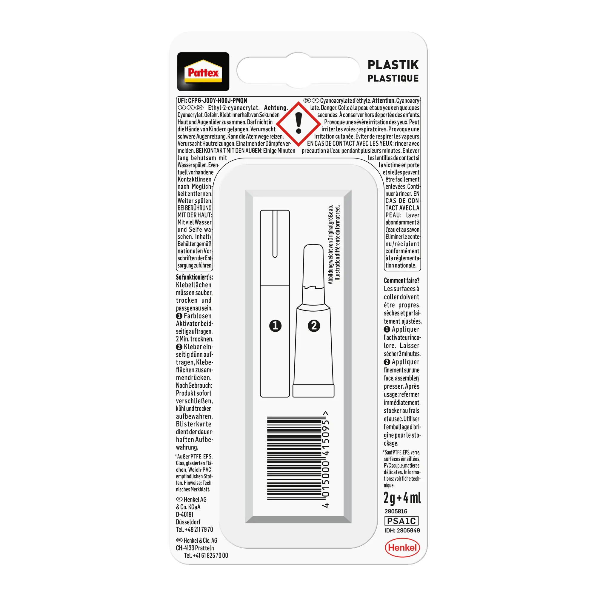 Pattex Sekundenkleber Plastix Flüssig 2 g + 4 ml Aktivator Stift, klar & farblos