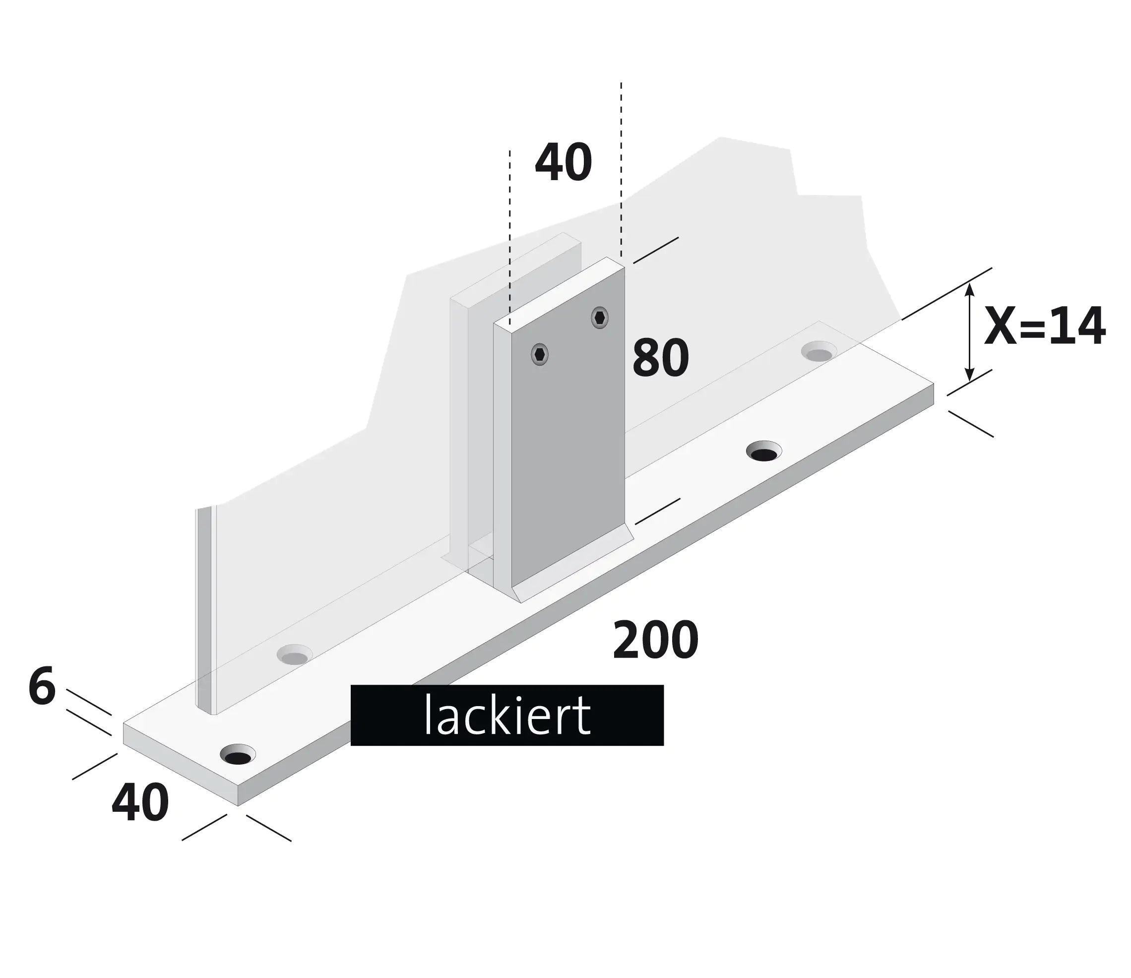 Standfuß längs quer für 6 mm ESG-Glas Länge 20 cm Aluminium weiß lackiert