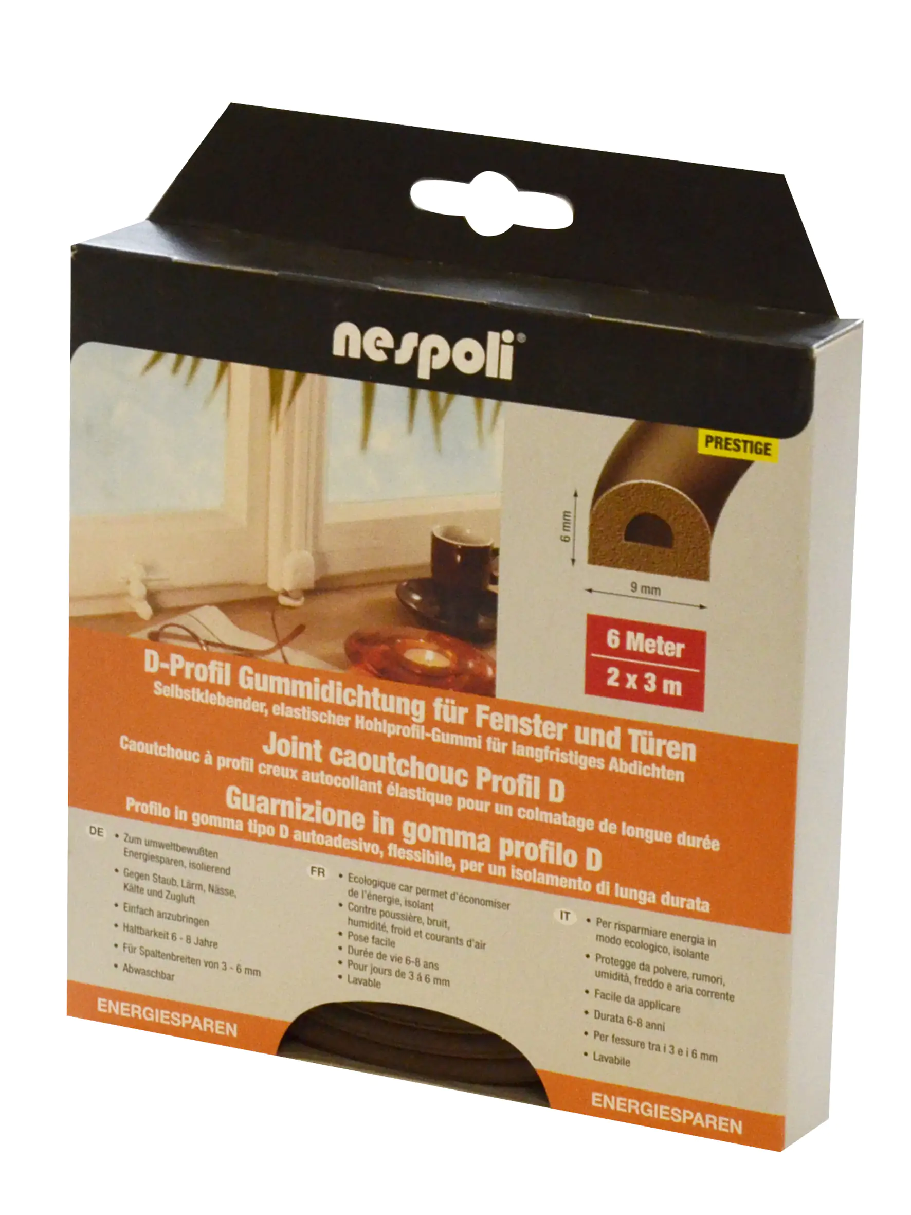 Nespoli Fenster- und Türdichtung mit D-Profil je 3 m, 9 x 6 mm, braun, 2 Stück