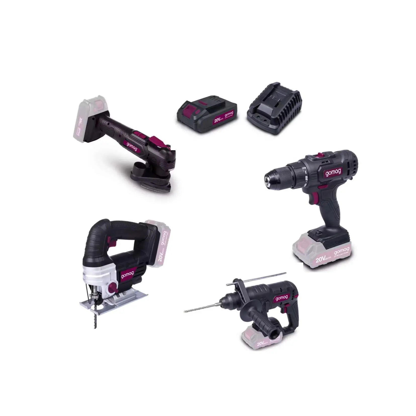 Gomag Akku-Werkzeug-Set 20 V Bohrschrauber Bohrhammer Stichsäge Multitool