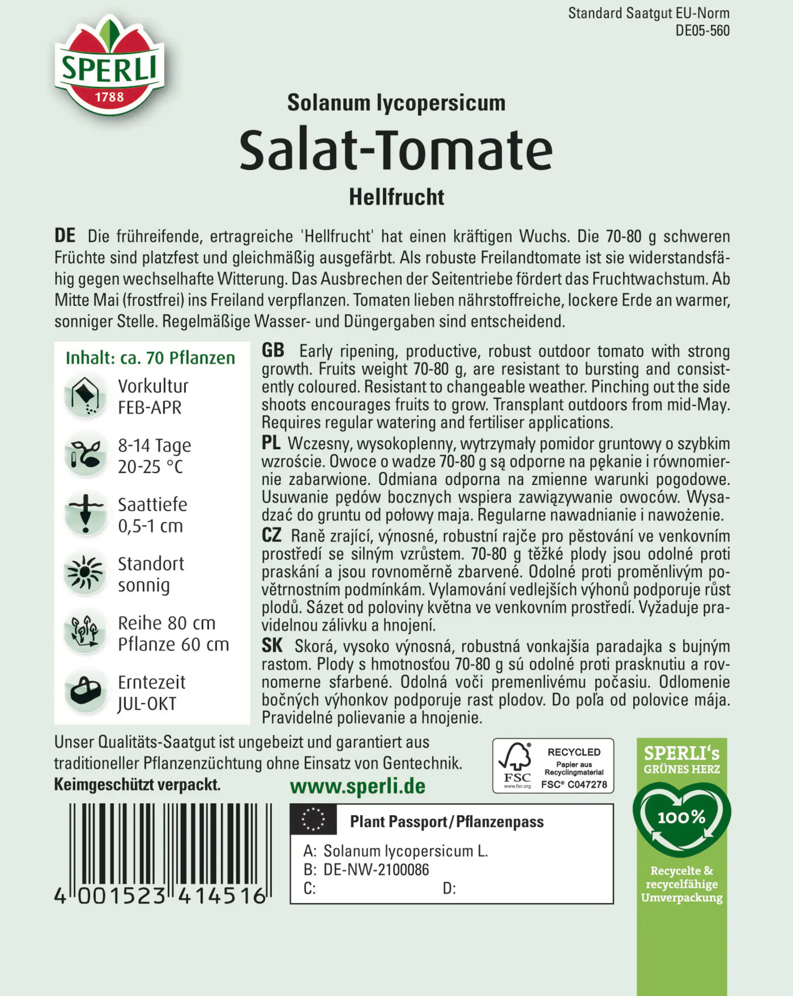 Sperli Saatgut Salat-Tomaten Hellfrucht für ca. 70 Pflanzen