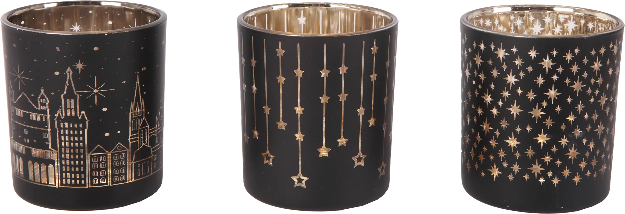 Windlicht Weihnachten Glas Ø 7 x 8 cm schwarz gold 3-fach sortiert