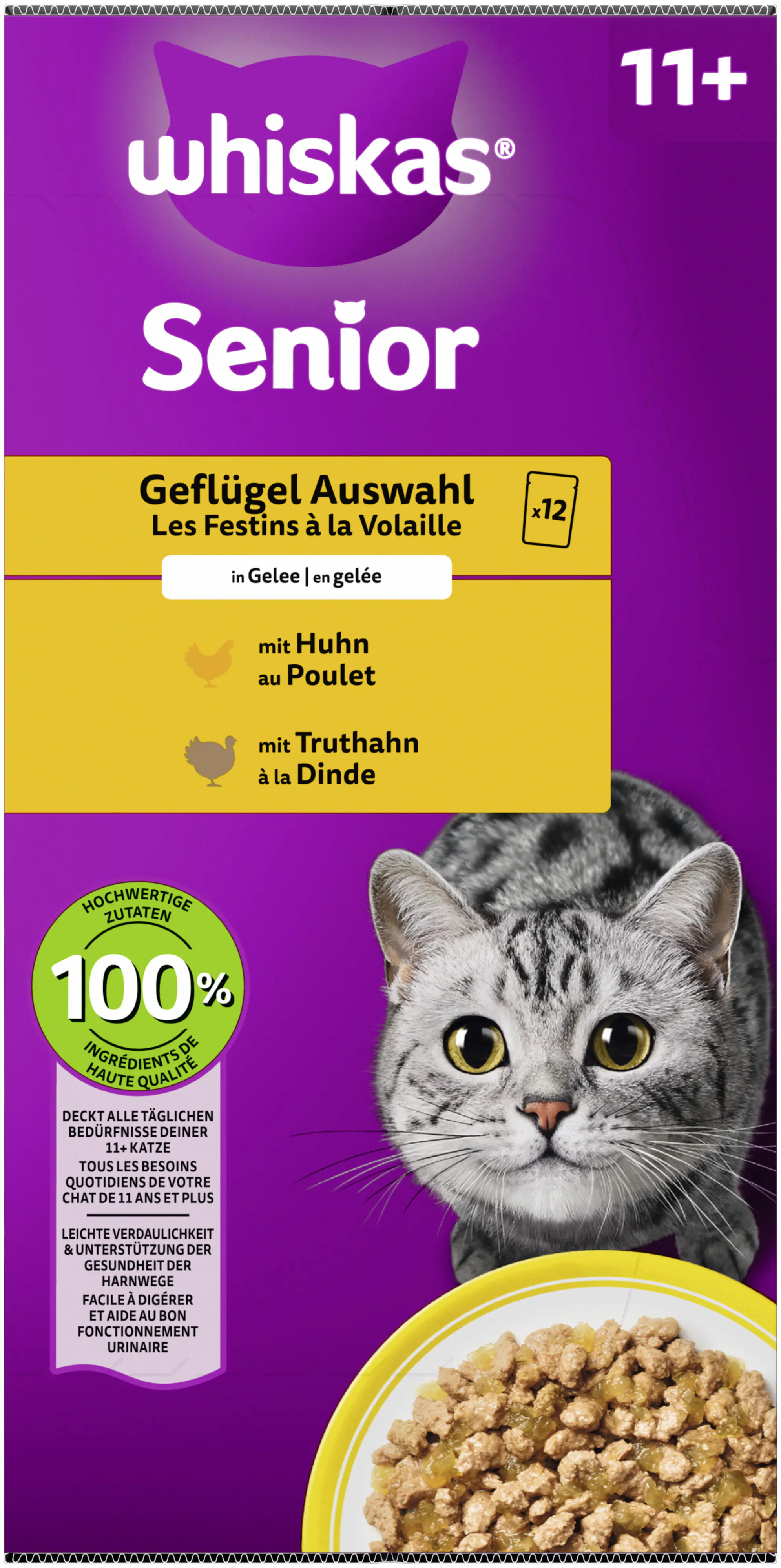 Whiskas Multipack Senior 11+ Geflügelauswahl in Gelee Katzenfutter 12 x 85 g