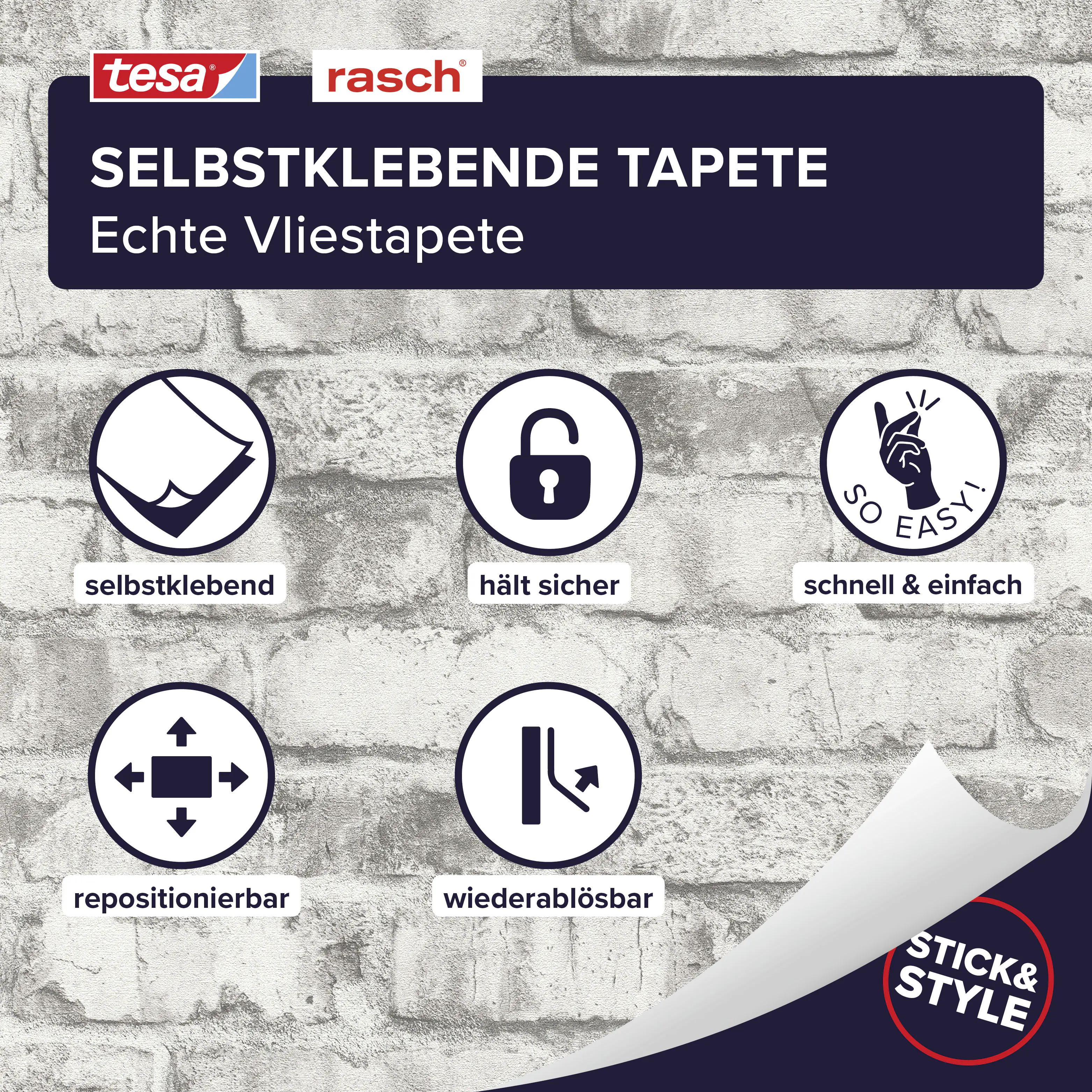 Tesa x Rasch selbstklebende Tapete Clayton Backstein grau 6 x 0,53 m
