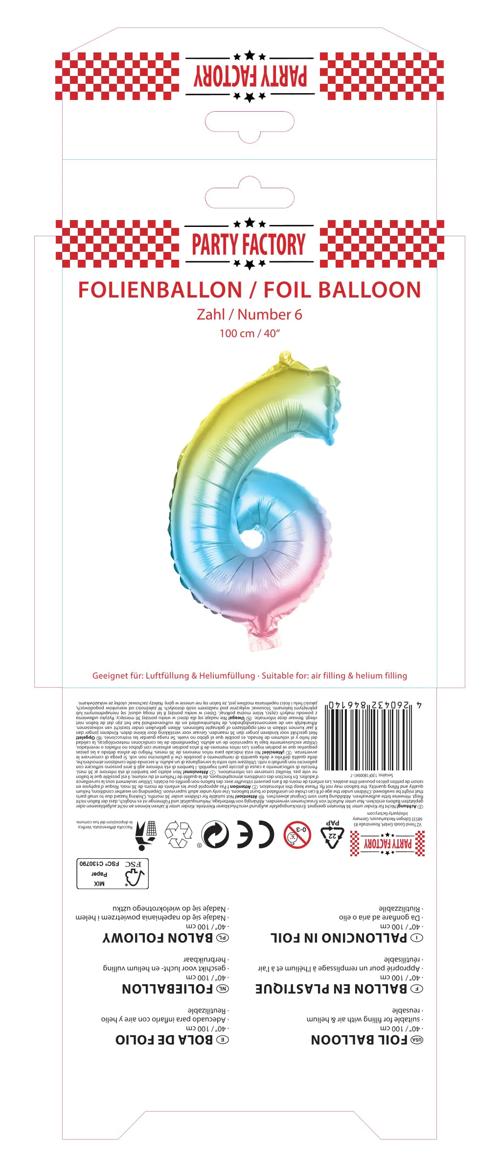 Folienballon Zahl 6 bunt 100 cm