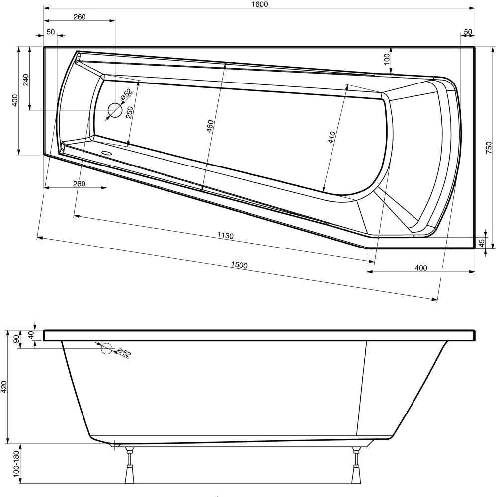 Ottofond Badewanne Bahia 160 x 75 cm, weiß, Modell A
