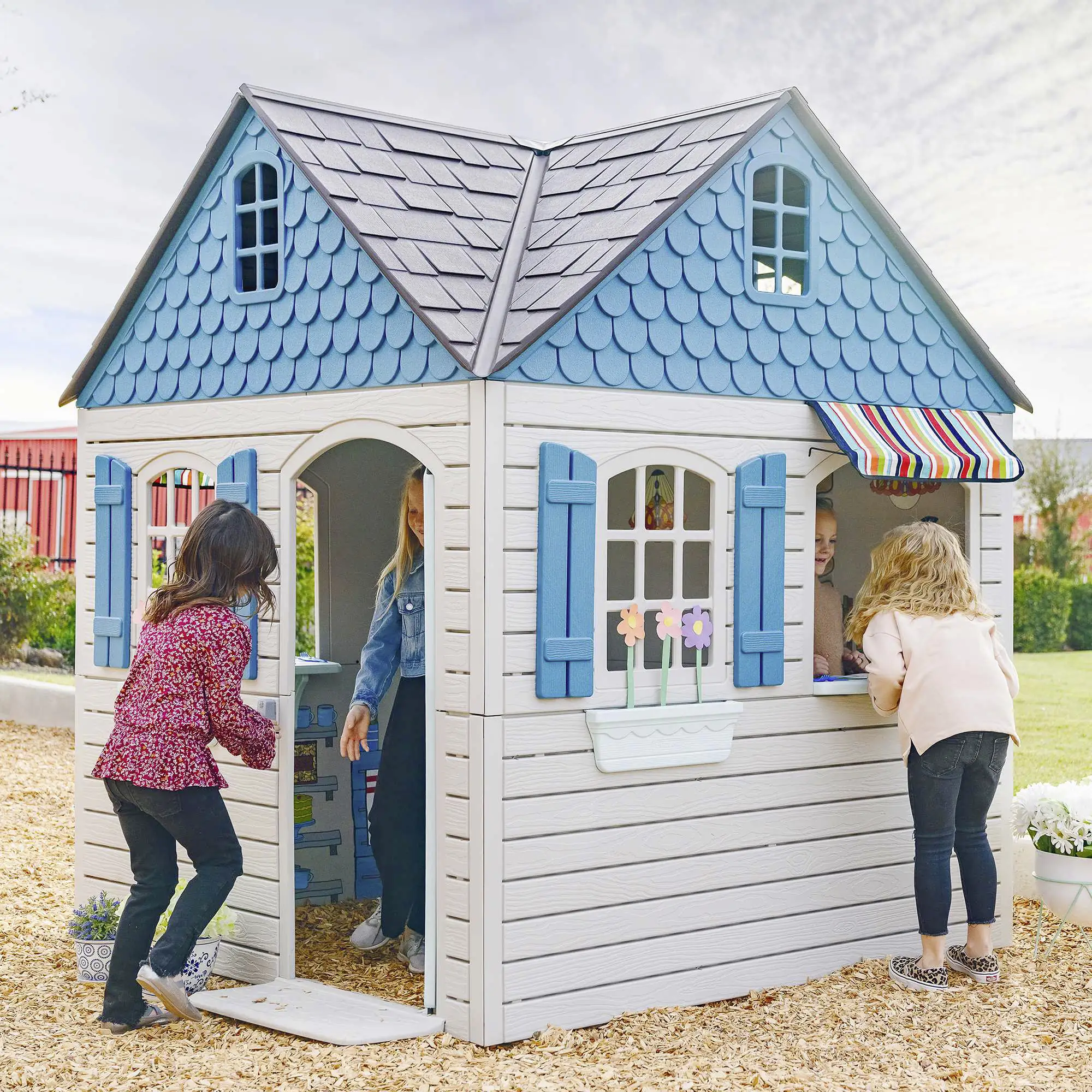0081483820927_3018938 Lifetime Kinderspielhaus Flipper Gartenhaus Spielgerät lichtgrau blau 186 x 186 cm