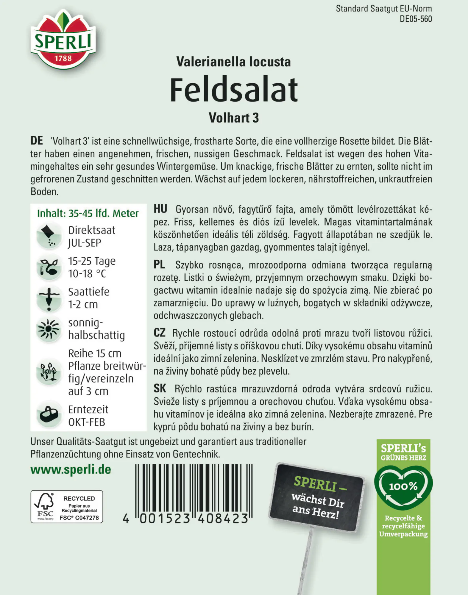 Sperli Saatgut Feldsalat Volhart 3 MaxiPack 25 g für bis zu 35-40 lfd. Meter