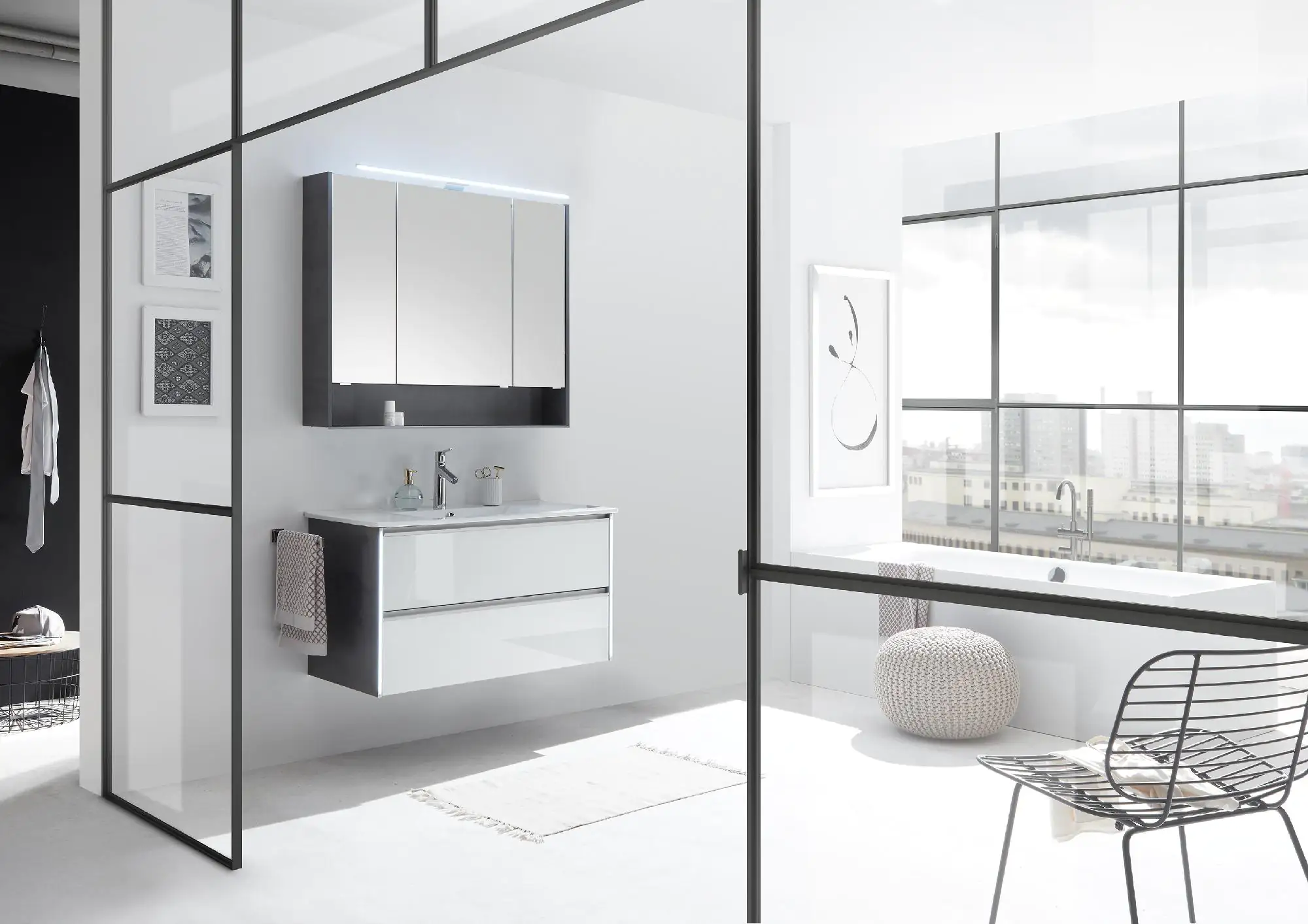 Pelipal Badmöbel-Set 6040 Schneeweiß Glanz/Oxid Dunkelgrau mit Waschplatzbeleuchtung 101 cm