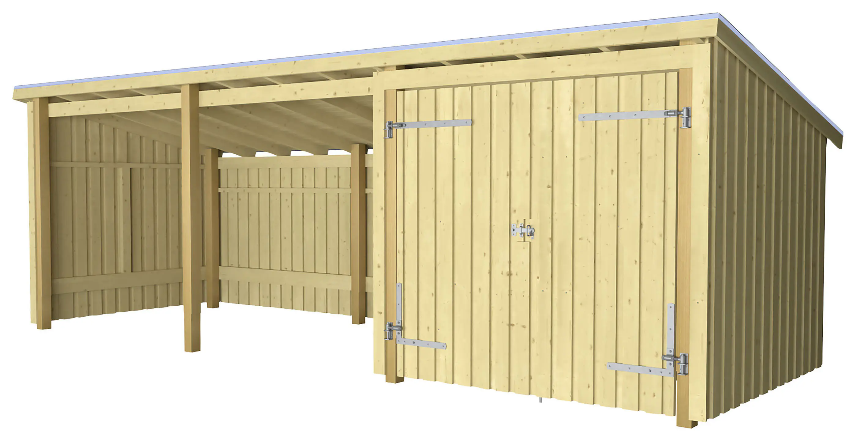 Plus Gartenhaus Nordic Multi 619 x 208 cm natur mit Doppeltür, offen, Dachpappe