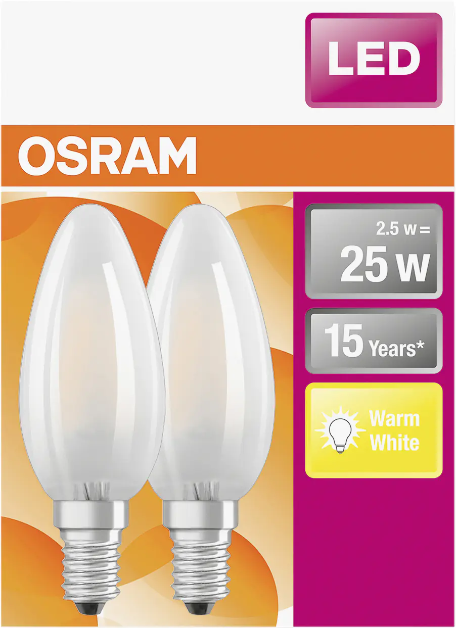 Osram LED Leuchtmittel Clas B25 E14 2,5W 2er Pack warmweiß, weiß matt