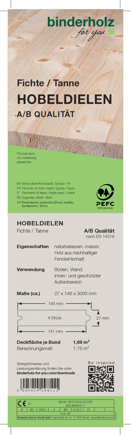 Hobeldiele Fichte Tanne 300 x 14,6 cm 27 mm gehobelt Hobeldiele Fichte Tanne 300 x 14,6 cm 27 mm gehobelt