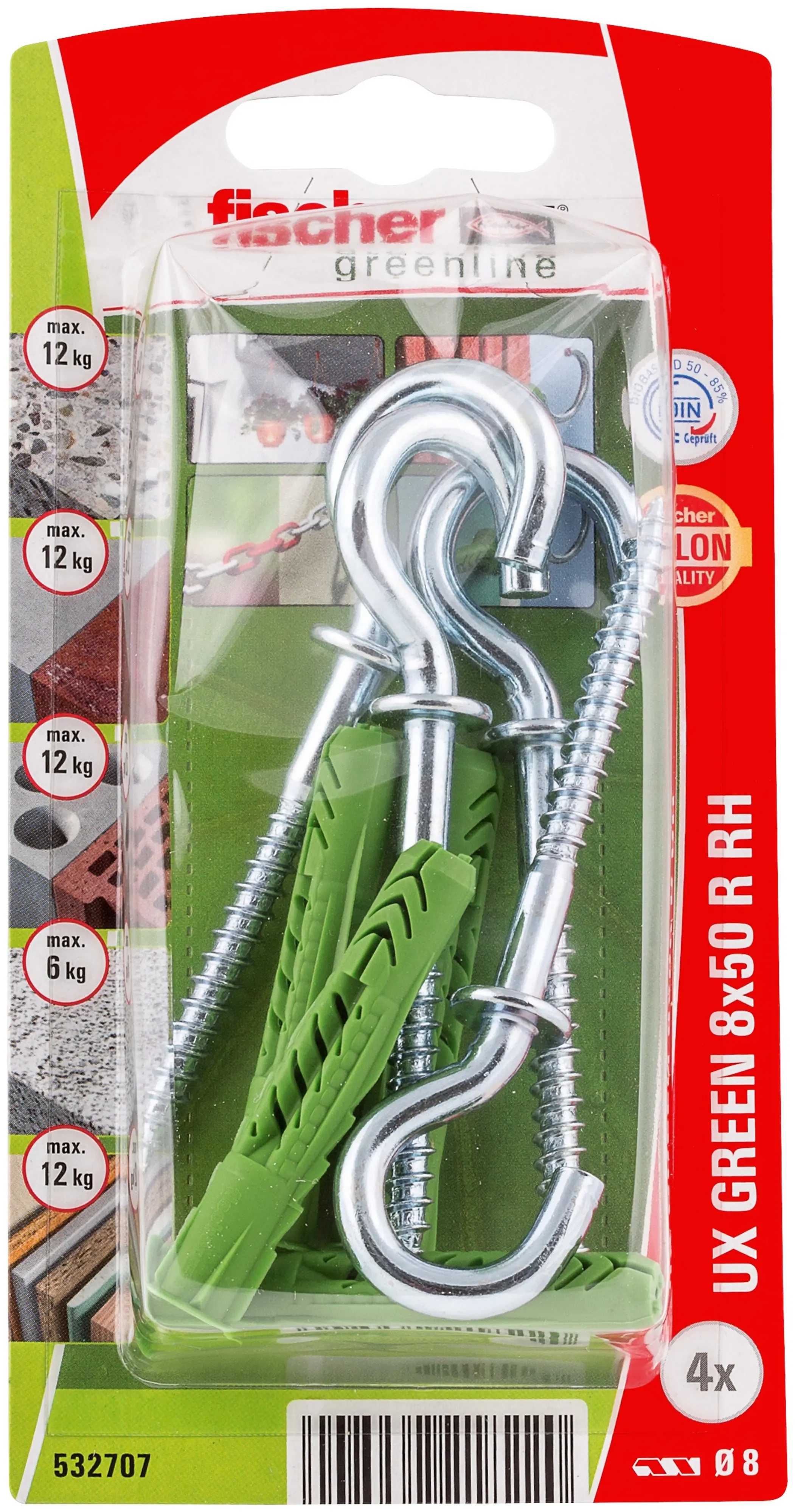 Fischer Universaldübel UX Green R RH 8 x 50 mit Rand & Rundhaken - 5 Stück
