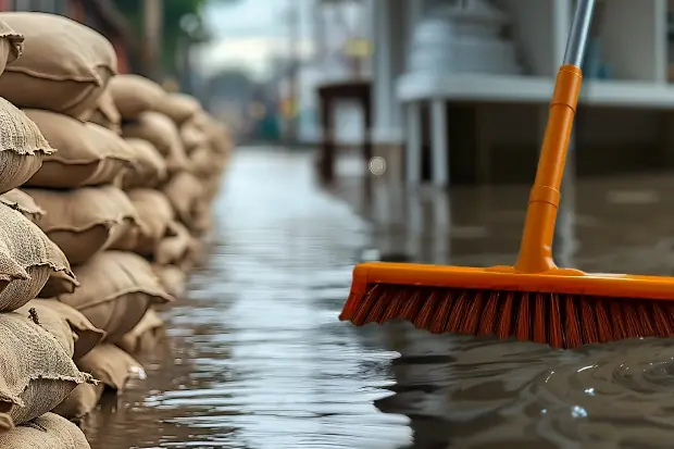 eine Person Wasserschieber beseitigt Hochwasser