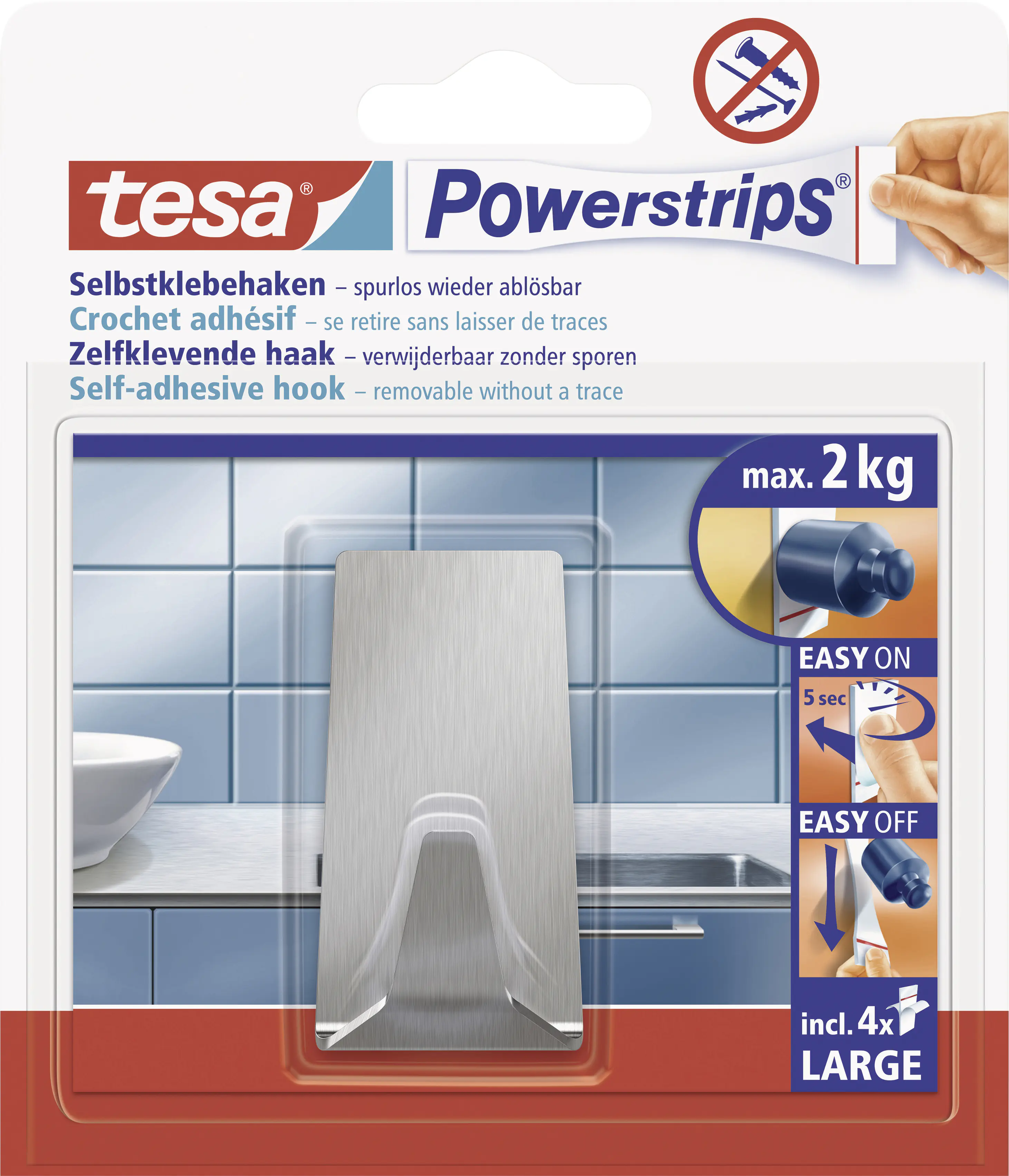tesa Powerstrips Haken Large rechteckig, Edelstahl