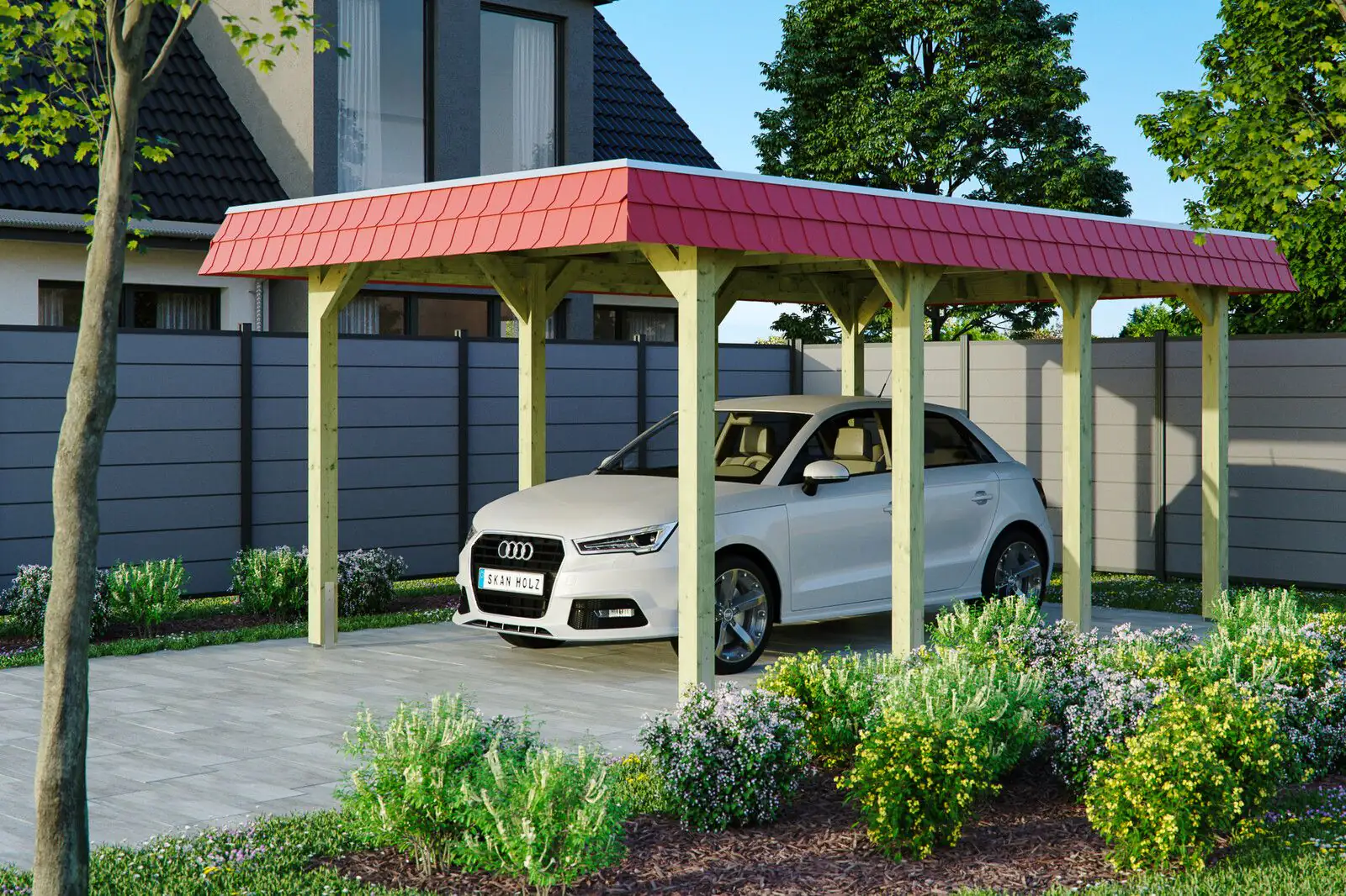 SKAN HOLZ Carport Spreewald 396 x 893 cm mit Aluminiumdach rote Blende