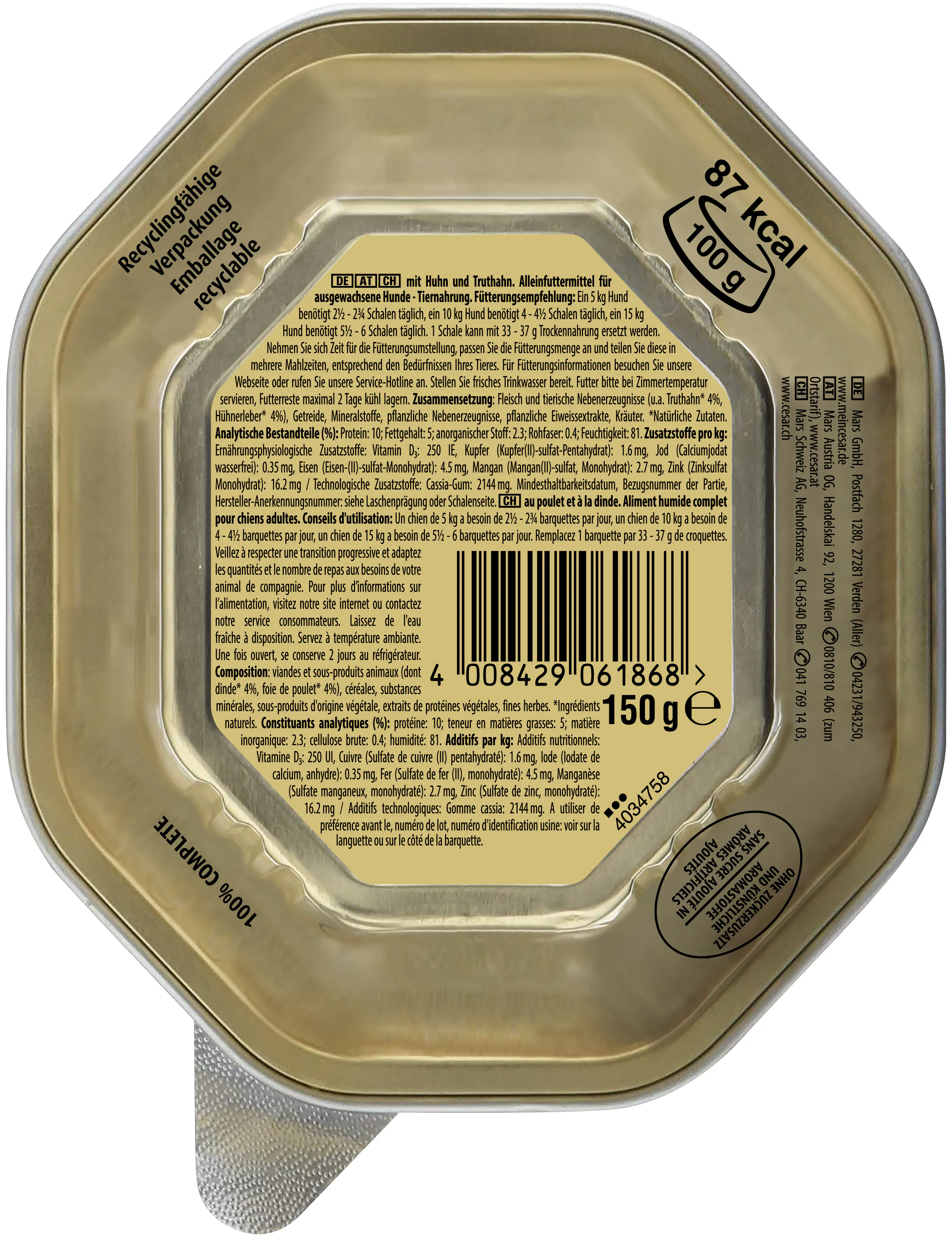Cesar Hundenassfutter Klassik-Terrine Adult 150 g Huhn & Truthahn