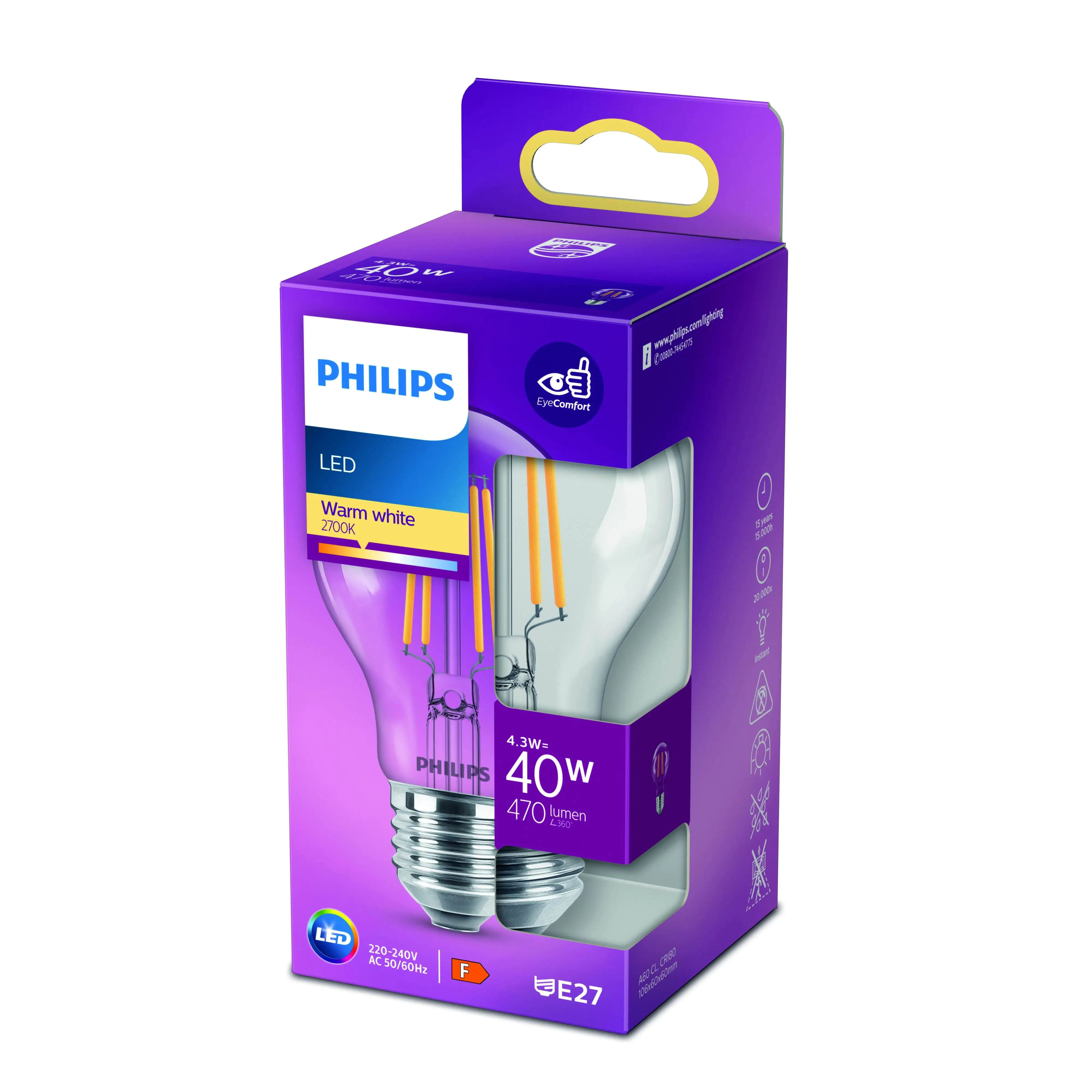 Philips LED-Leuchtmittel Birnenform A60 E27 4,3W warmweiß