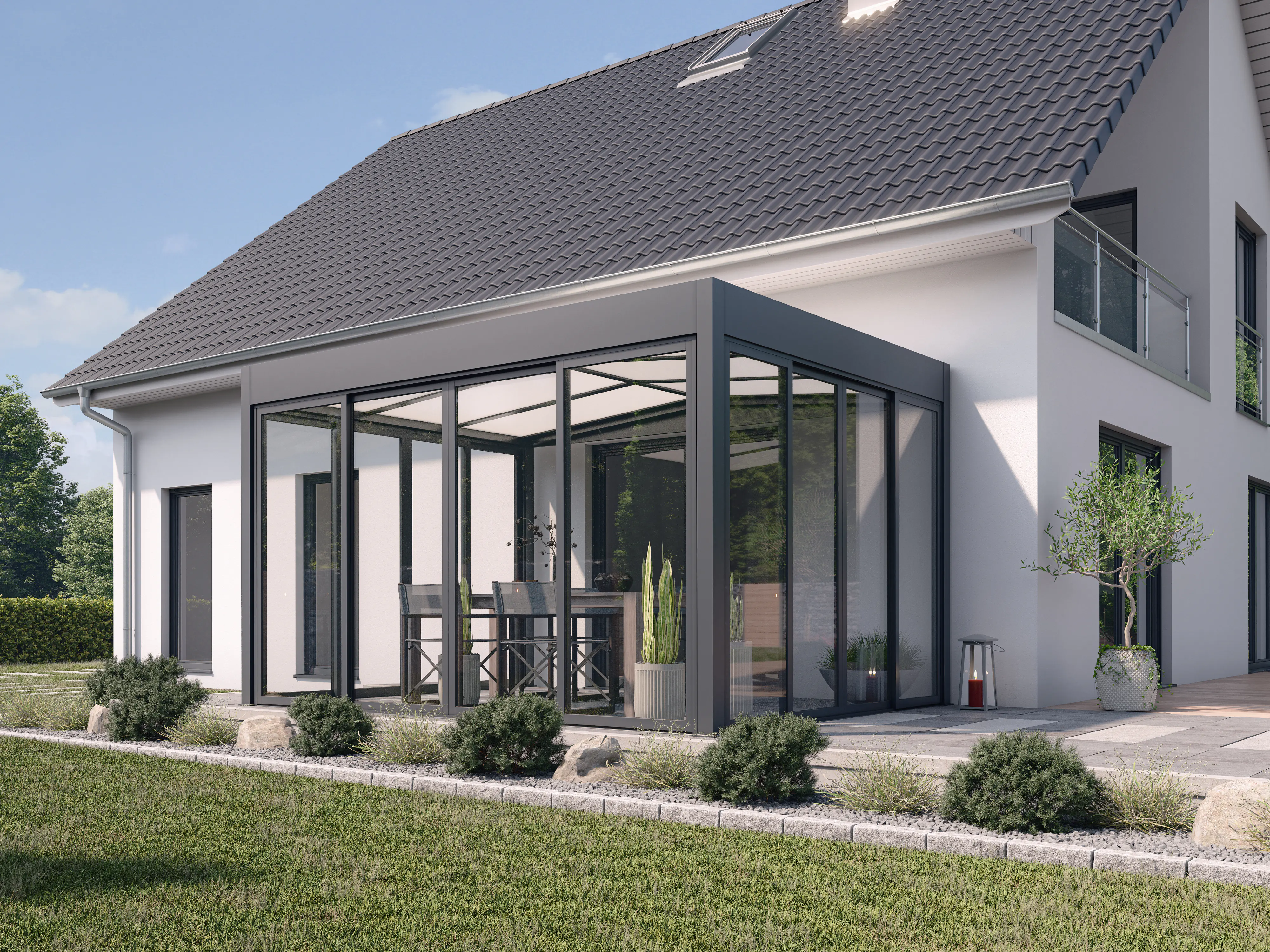 Wintergarten Modern 500 x 300 cm mit Glasschiebetüren grau