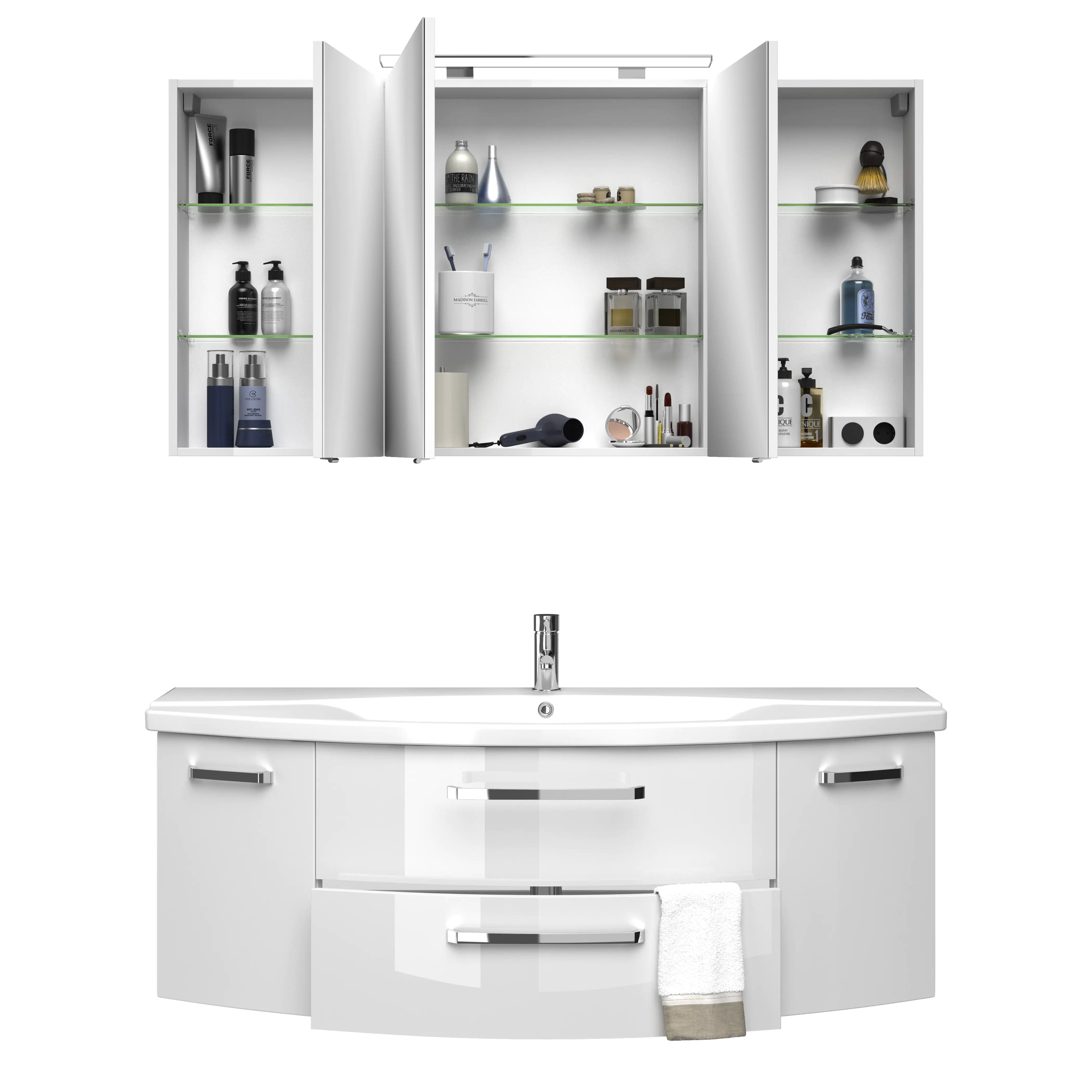 4017026106704_3 Pelipal Badmöbel-Set 4010 Weiß Hgl/Weiß Glanz mit Keramik-Waschtisch + LED-Leuchte 144 cm
