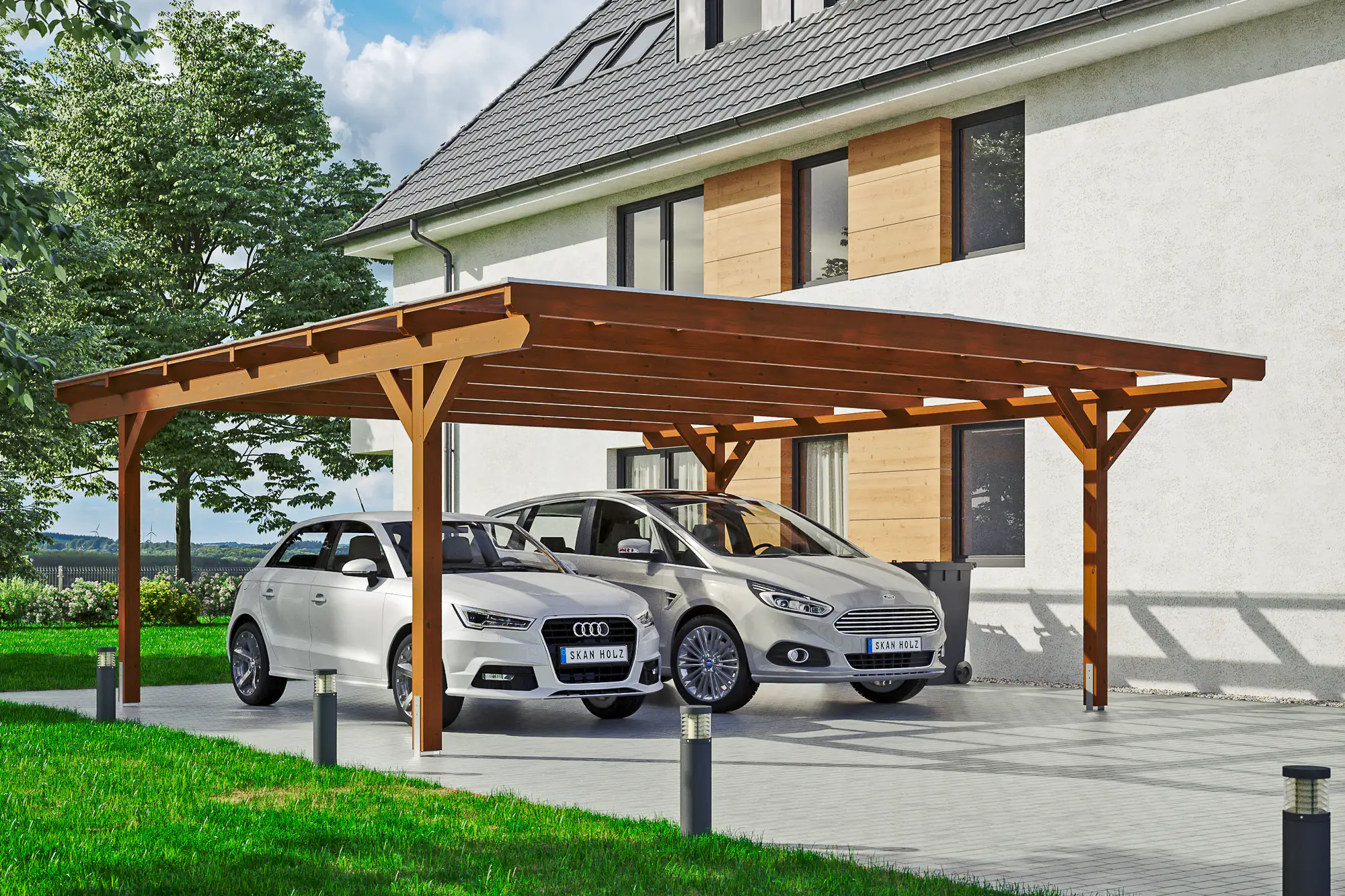 SKAN HOLZ Carport Odenwald 640 x 648 cm, lasiert in Nussbaum