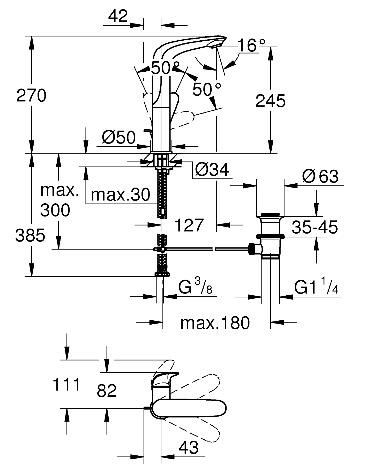 Grohe Quickfix Wave Waschtischarmatur L-Size verchromt mit schwenkbarem Auslauf