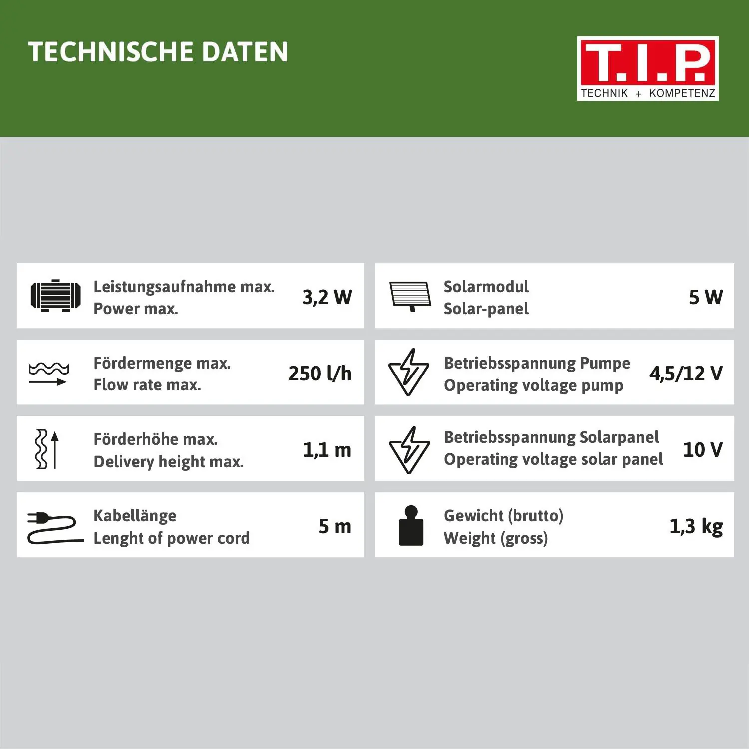 T.I.P. Solar-Teichpumpe SPS 250-6 Max. Fördermenge: 250 l/h, 3 W T.I.P. Solar-Teichpumpe SPS 250-6 Max. Fördermenge: 250 l/h, 3 W