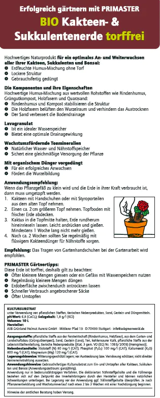 Primaster Bio Kakteen- & Sukkulentenerde torffrei 10 L Primaster Bio Kakteen- & Sukkulentenerde torffrei 10 L