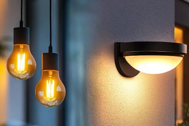 Zwei warm leuchtende Hängelampen und eine moderne Wandleuchte an einer Hausfassade bei Dämmerung
