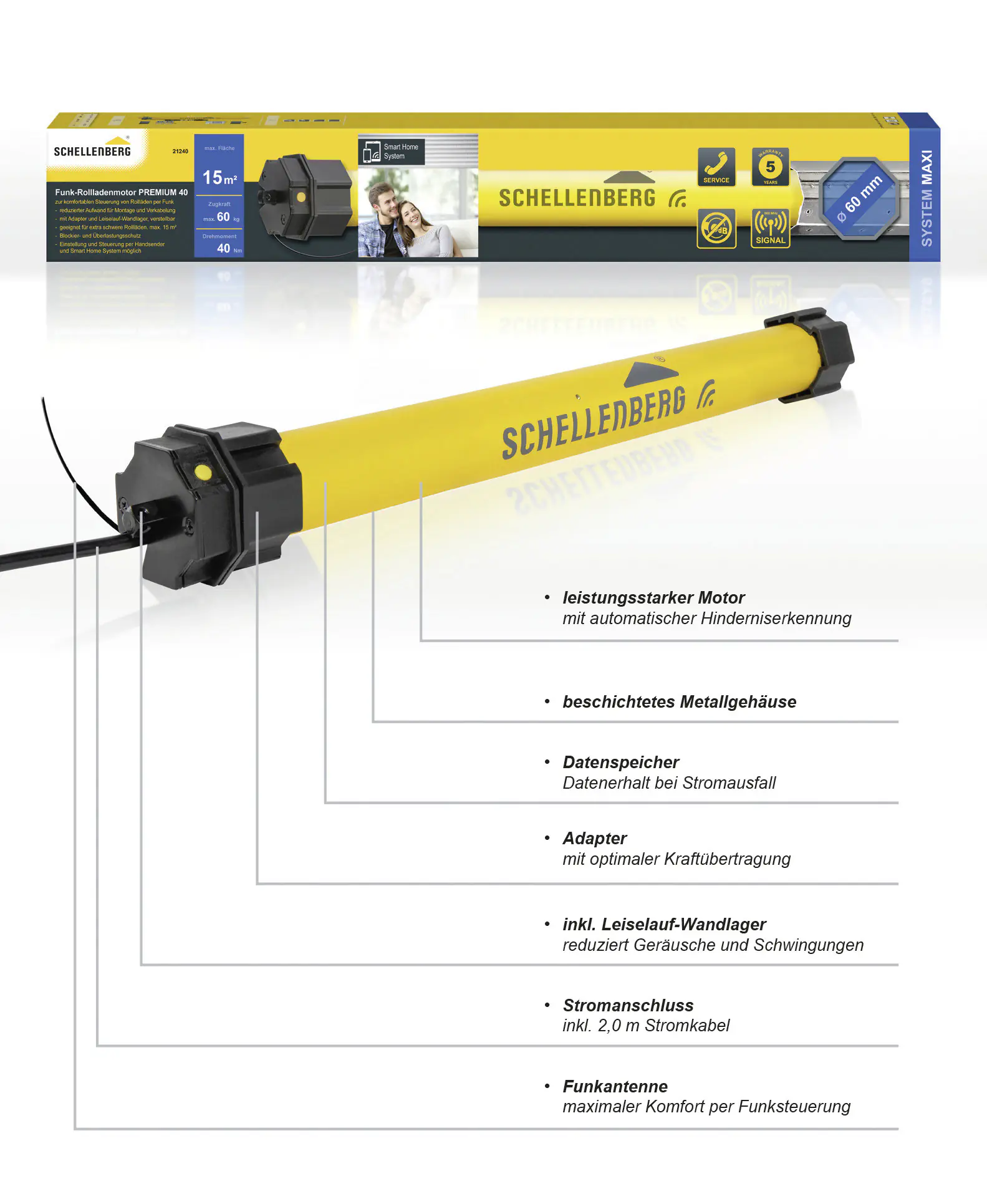 Schellenberg Funk-Rolladenmotor Premium 40 Nm Maxi für 60 mm Achtkantwelle