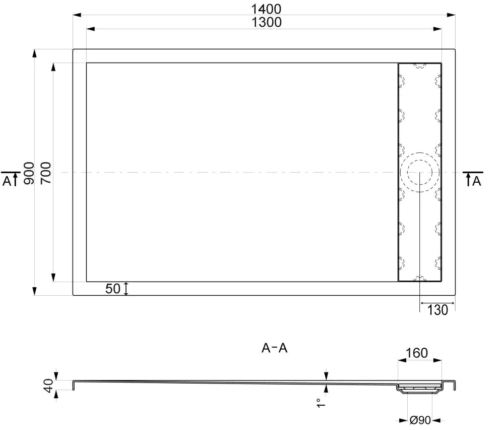 Ottofond Duschwanne mit Ablaufrinne 140 x 90 cm, weiß