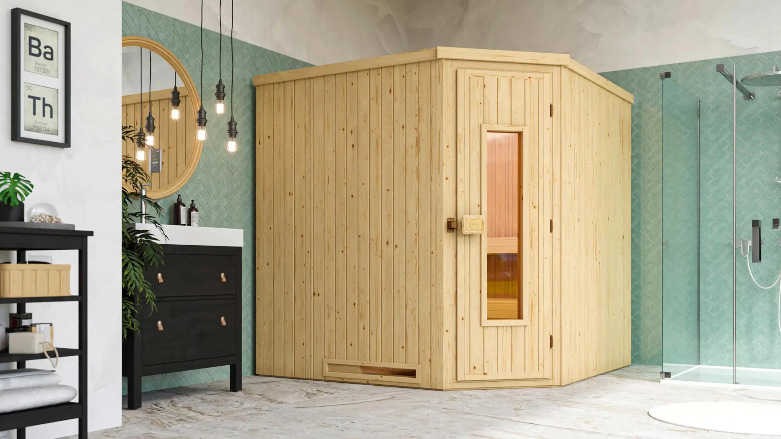 Weka Element-Ecksauna Varberg 3 mit Holztür Weka Element-Ecksauna Varberg 3 mit Holztür