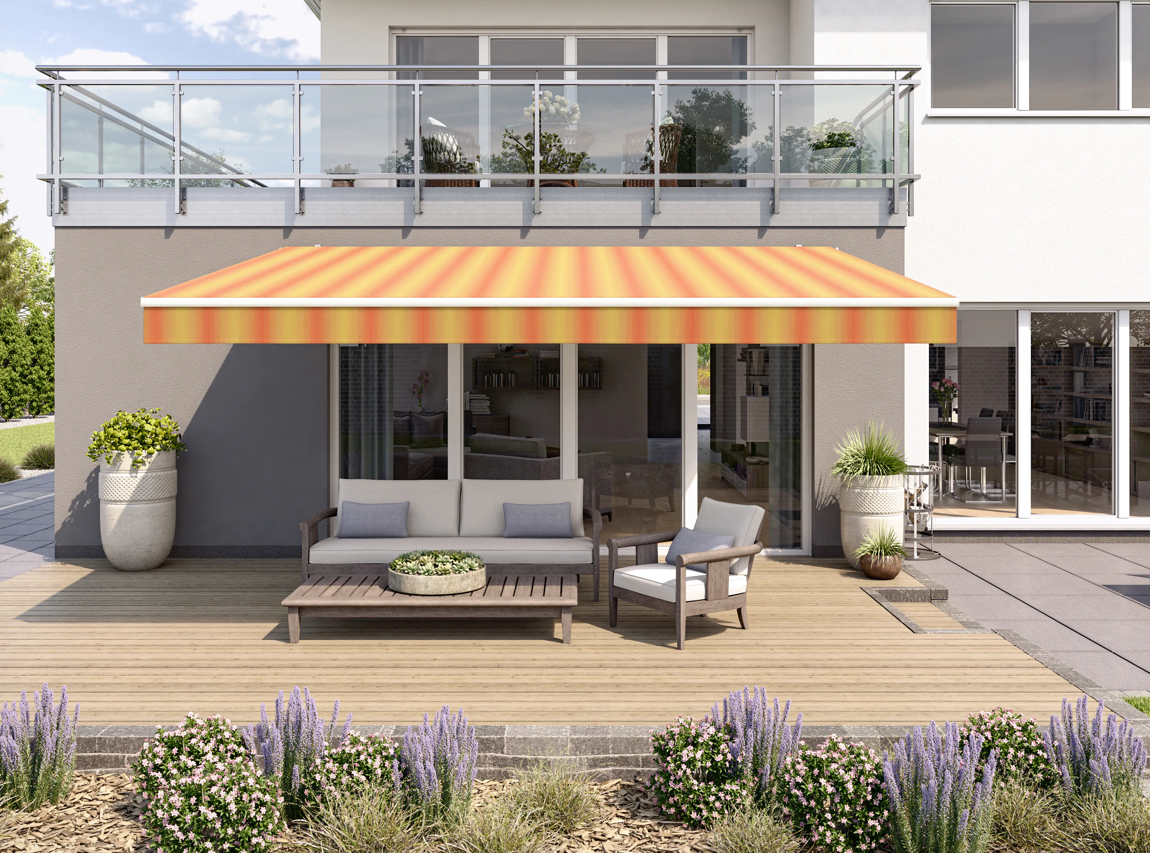 Gelenkarmmarkise Classic gelb-orange gestreift inkl. Motor, Handsender, Solar Panel