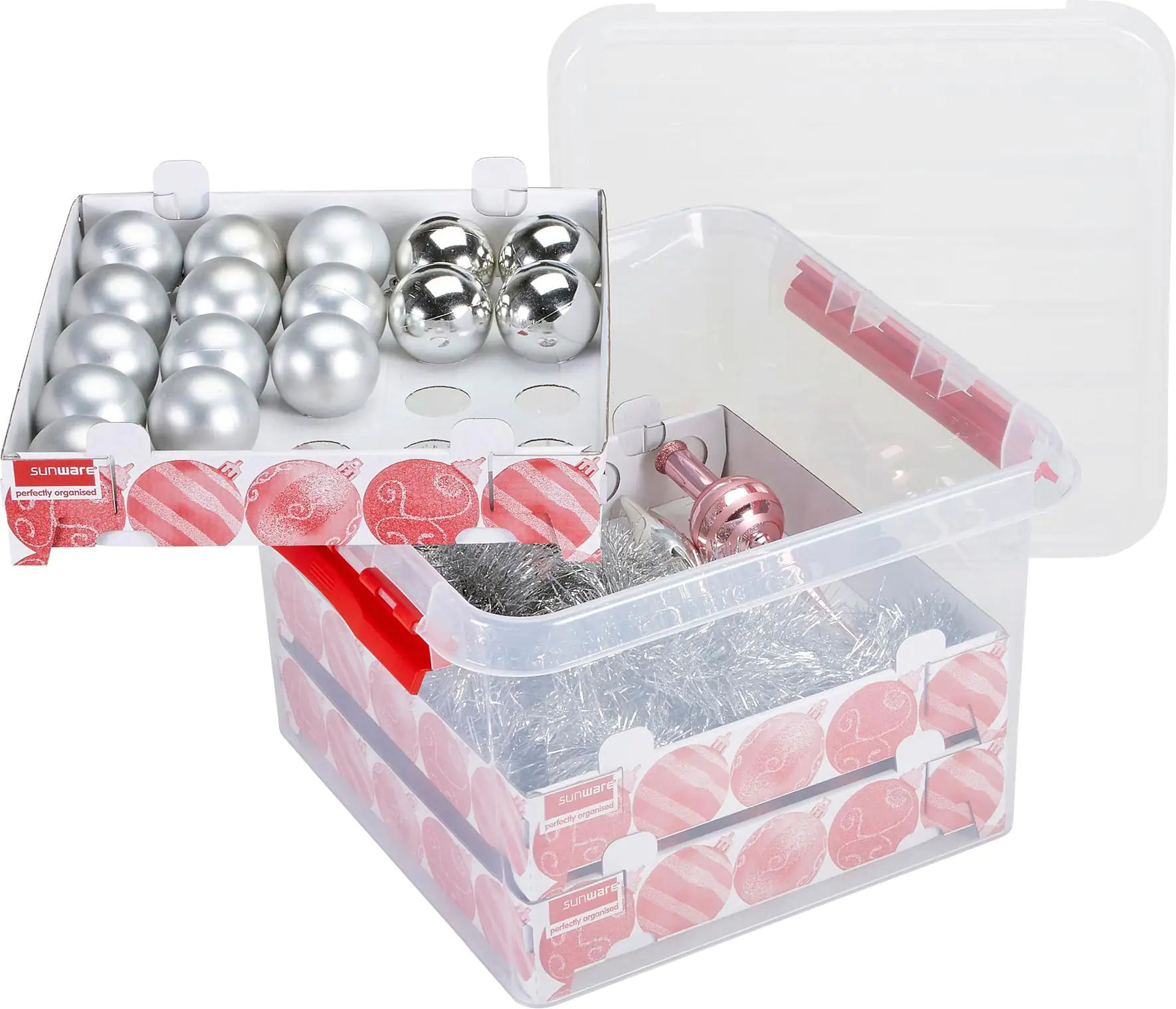 Sunware Weihnachtsbox Q-line 26L mit Einsatz für 75 Kugeln transparent rot Sunware Weihnachtsbox Q-line 26L mit Einsatz für 75 Kugeln transparent rot