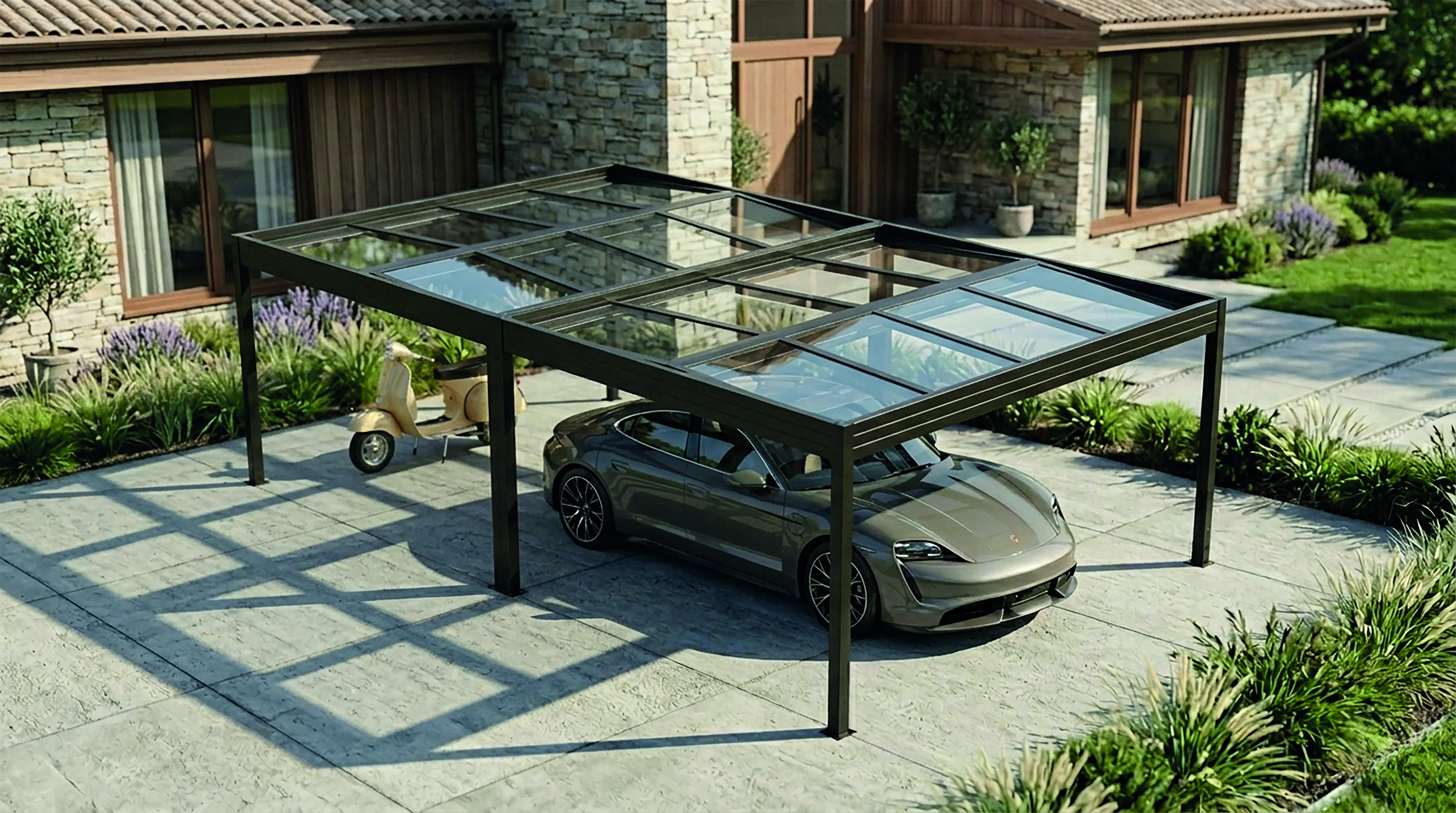 SunElements SunVaro Carport Kristall Doppel L 724 x 447 cm mit Glasdach anthrazit-metallic