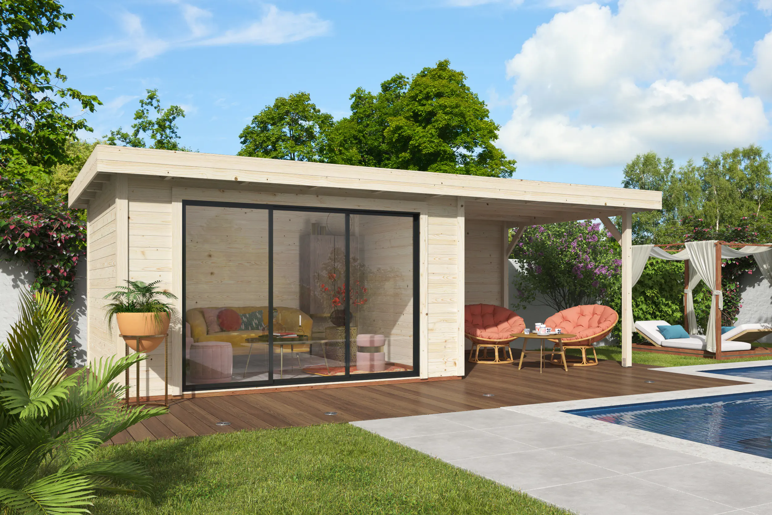 Palmako Gartenhaus Lydia 663 x 291 cm mit Schiebetüren naturbelassen