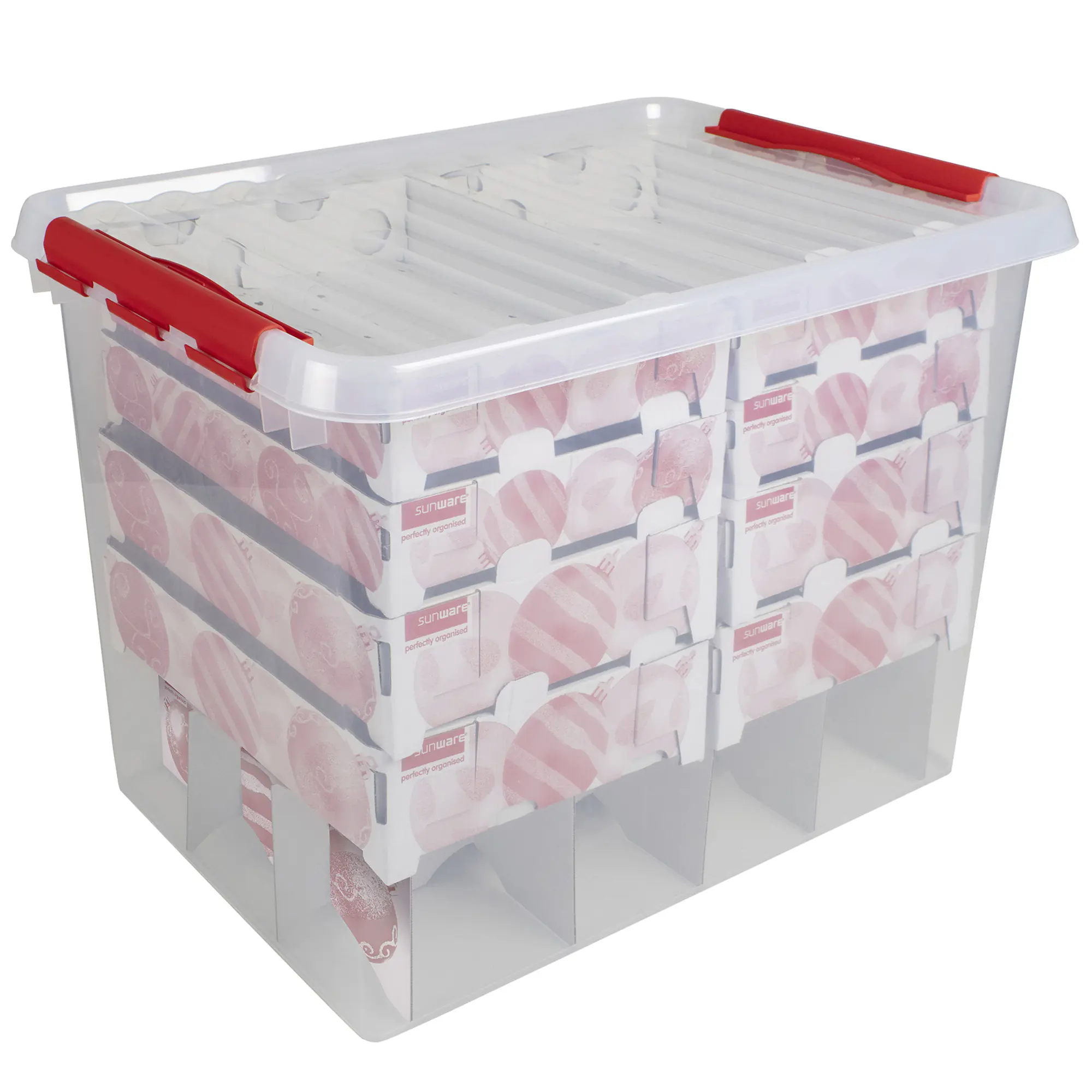 Sunware Weihnachtsbox Q-line 72L mit Einsatz für 128 Kugeln transparent rot