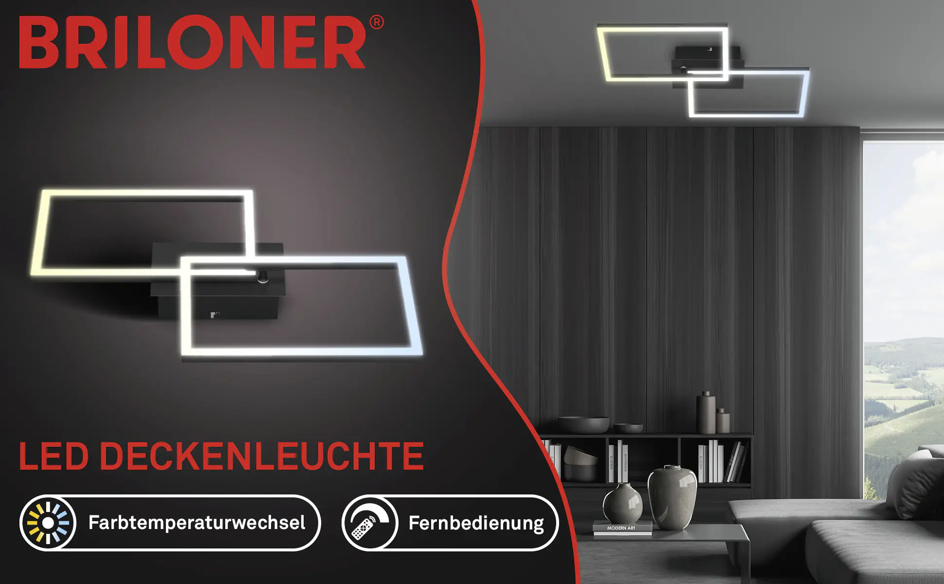 Briloner LED-Deckenleuchte Frame 50 x 39 cm schwarz dimmbar warmweiß