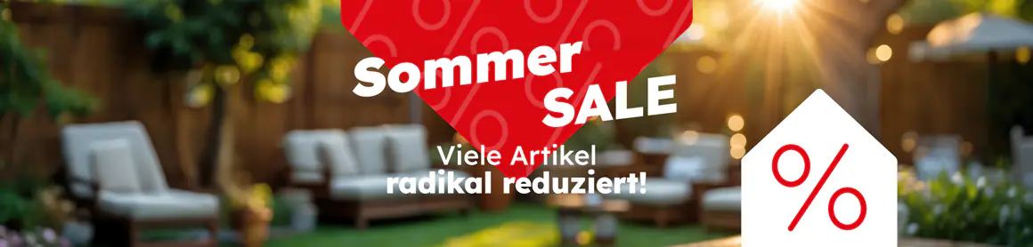 Banner mit Gartenlounge im Sonnenlicht und Rabatt-Symbol. Text: „Sommer SALE – Viele Artikel radikal reduziert!“