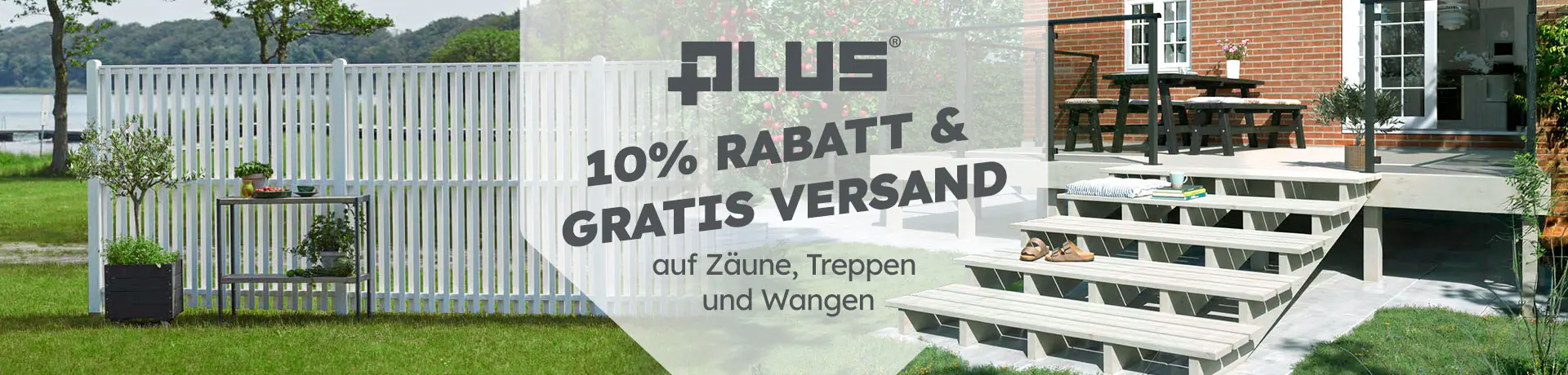 PLUS: 10% Rabatt & gratis Versand auf Zäune, Treppen und Wangen; Garten mit weißem Zaun und Hauseingang mit Treppe