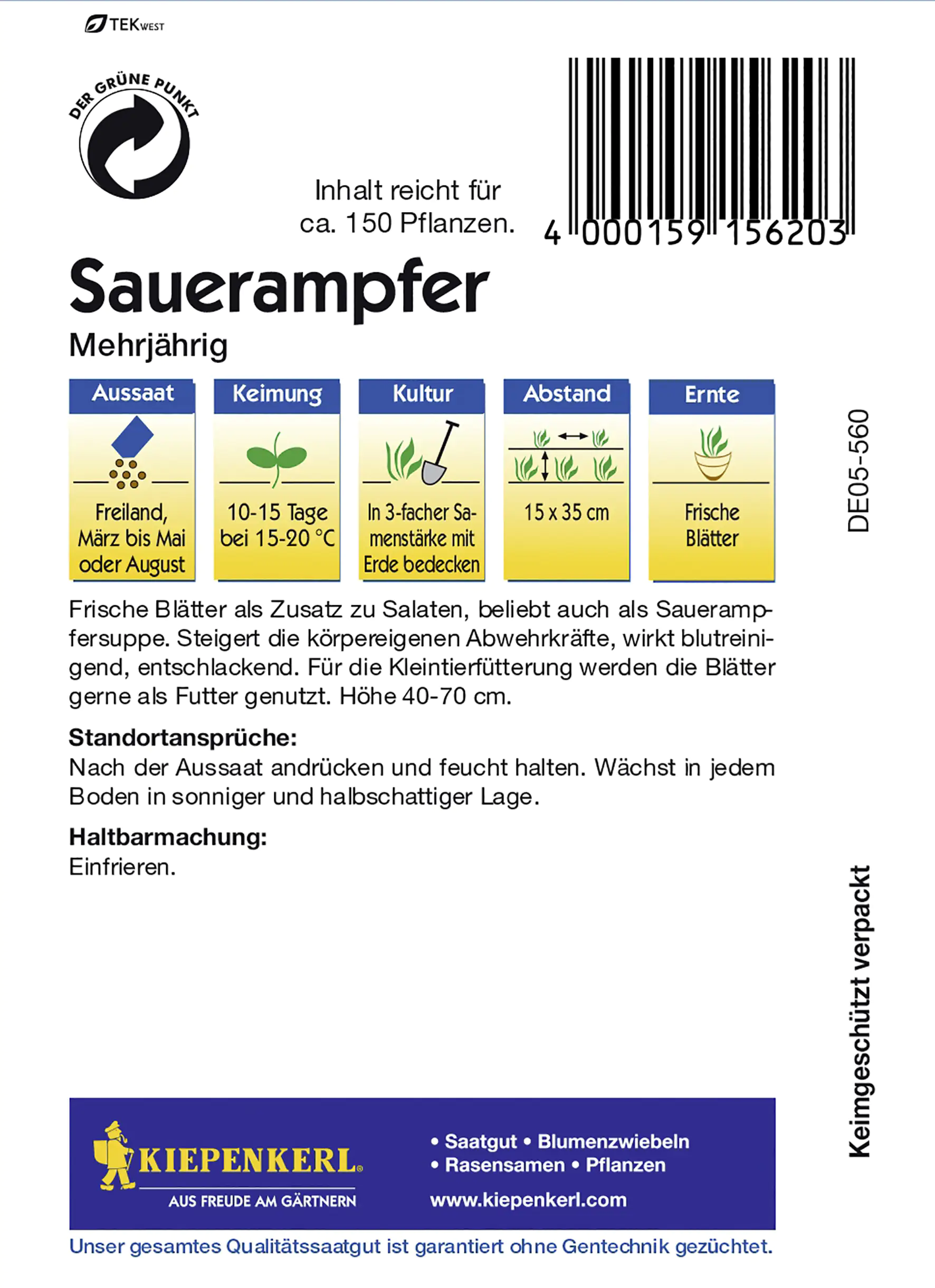 4000159156203_2555979 Kiepenkerl Sauerampfer mehrjährig Inhalt reicht für ca. 150 Pflanzen
