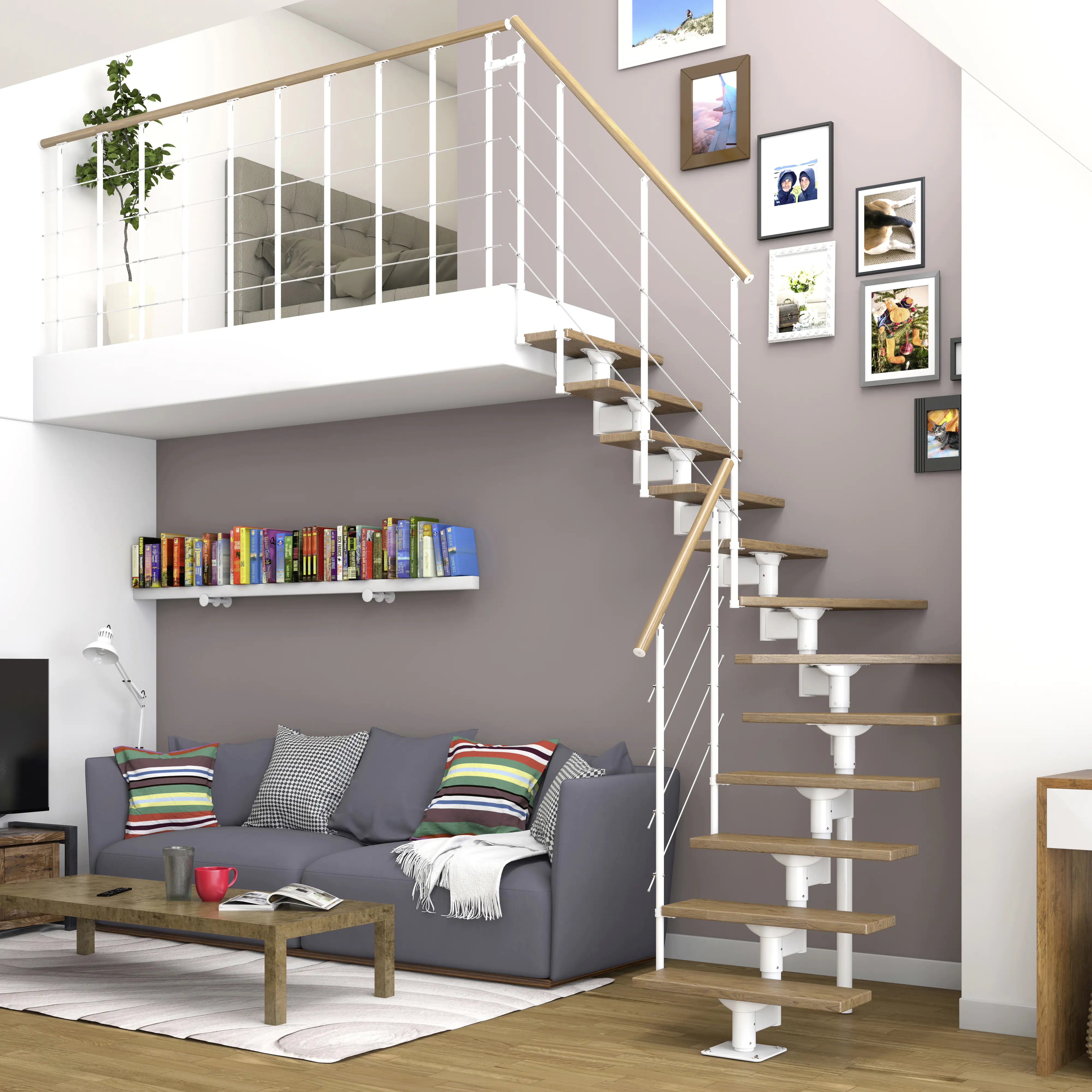 Dolle Mittelholmtreppe Boston 1/4gew. weiß 11 Stufen Eiche